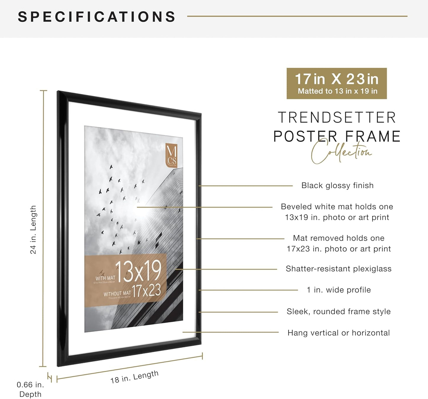 MCS Trendsetter 17x23 Matted Poster Frame with 13x19 Picture Display, Black Vertical & Horizontal Wall Hanging Large Picture Frame for Photos & Posters (1-Pack)