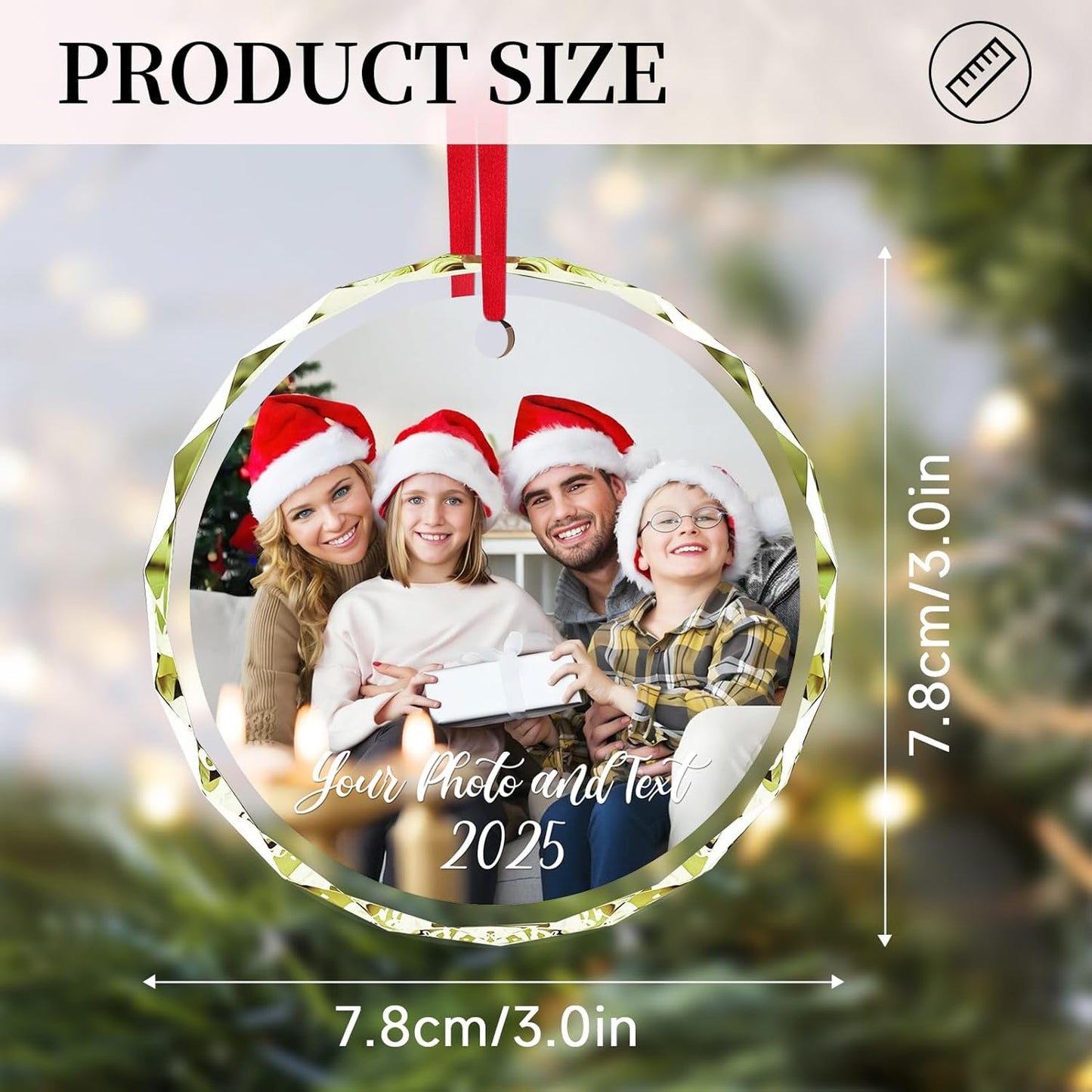 Personalized Christmas Ornaments 2025 with Photo & Text - Customized Crystal Glass Christmas Tree Decor Gifts for Family, Couples, Pets, Baby’s First Xmas – 6 Heart/Round Designs