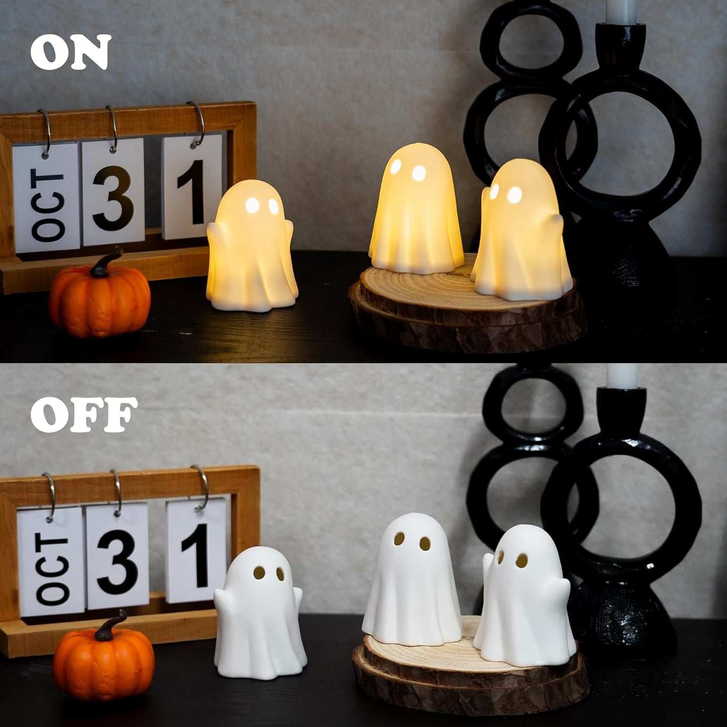 NEROSUN 3 Pack Cute Ghost Light Up Halloween Decor, LED White Ceramic Spooky Flameless Lanterns Decorative Light Fall Halloween Party Decoration for Home Bedroom Room Table Shelf