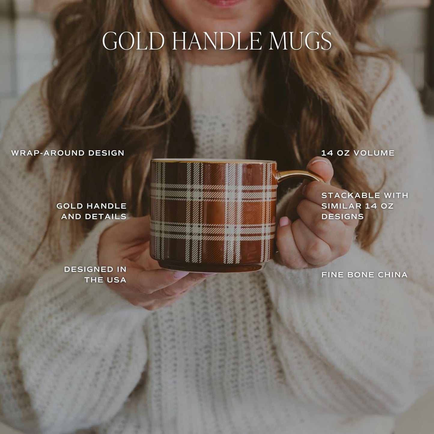 Sweet Water Decor Brown Plaid Mug with Gold Handle, 14oz Fine Bone China Coffee Cup for Tea, Latte, or Hot Cider, Cozy Fall Drinkware, Housewarming & Hostess Gift for Autumn and Thanksgiving