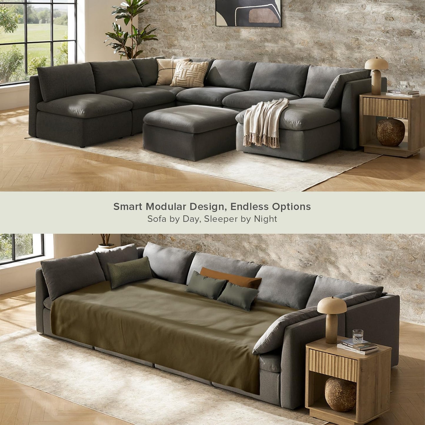 mopio Oversized Modular Sectional Sofa with Fully Removable Covers and Storage, Convertible U, L-Shaped and Sleeper Sectional, Modern Couches with Ottoman Chaise (Stone Gray Fabric, 9 Seats, Sleeper)