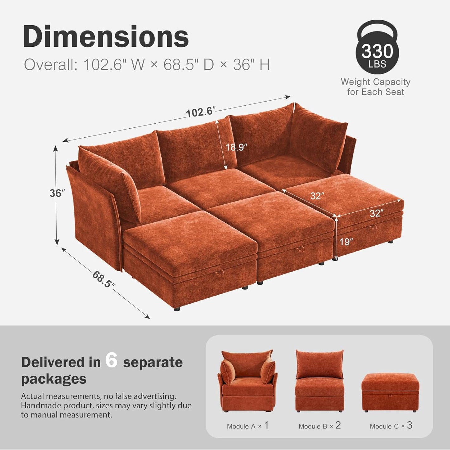 102.6" Luxury Modular Sleeper Sofa Bed 6 Seat Reversible Sectional Couch Deep Seat with Storage Chaises Removable Cover for Living Room, Apartment - Chenille Terracotta Orange