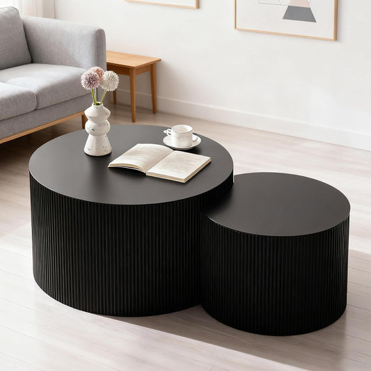 Round Nesting Coffee Table Modern Black Fluted Coffee Table Set of 2 Stripe Round Coffee Tables Drum Crescent Side Table Accent End Table for Living Room (Black B Large)