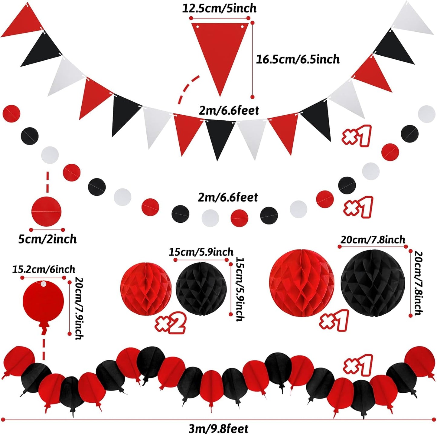 Black Red Party Decorations, Easy Assembly Paper Fan Honeycomb Ball Garland Hanging Swirl Graduation Party Supplies for Boy Girl Women Birthday Congrats Grad Party Decorations