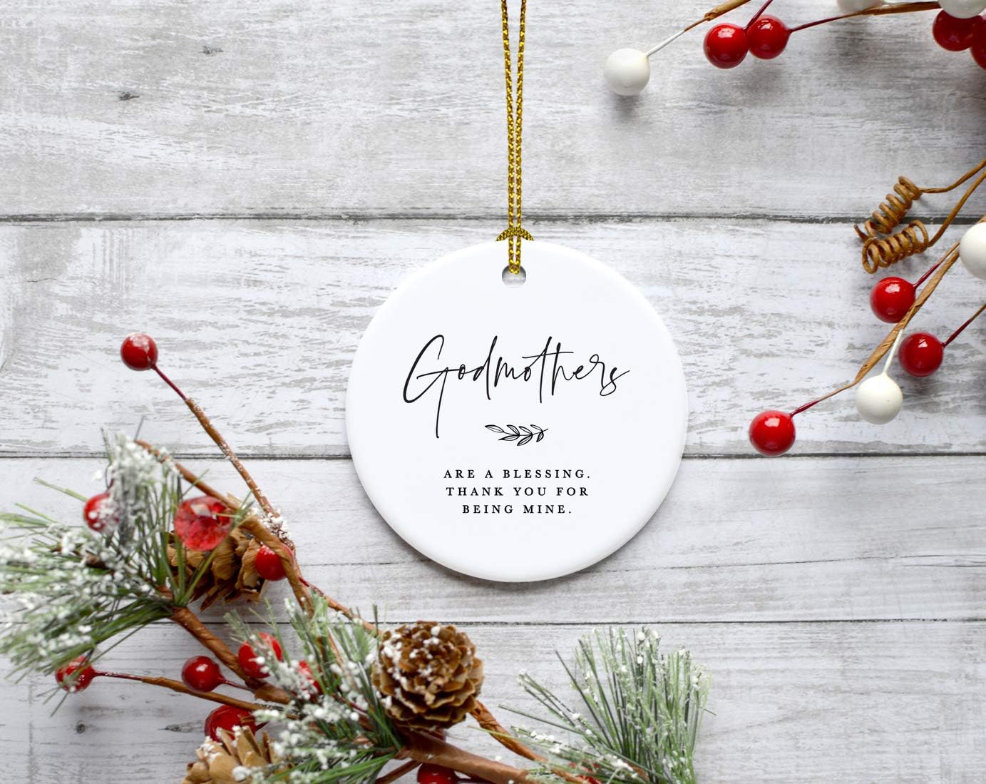 Andaz Press Round Ceramic Porcelain Christmas Tree Ornament Keepsake Collectible Godmother Gift, Godmothers are a Blessing. Thank You for Being Mine. Antique Handdrawn, 1-Pack