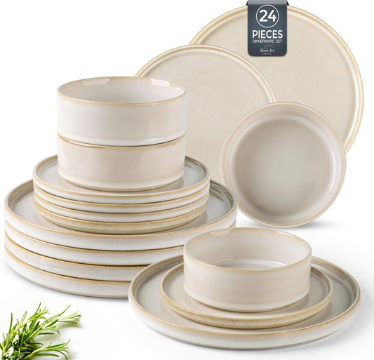 AmorArc Ceramic Dinnerware Sets, Handmade Reactive Glaze Stoneware Plates and Bowls Sets,Highly Chip and Crack Resistant | Dishwasher & Microwave Safe Dishes Set, Service for 8 (24pc)