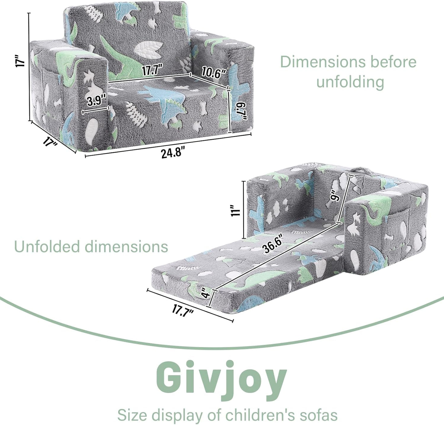 Toddler Chair Kids Couch, 2-in-1 Toddler Soft Sherpa Couch Fold Out Armchair with Removable Cover, Convertible Reading Chair Toddler Sofa for Kids, Glow in The Dark Plush Grey Dinosaur