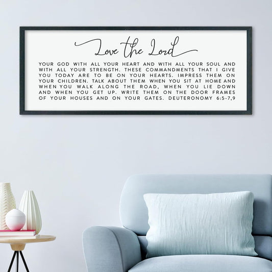 LuZhiQiang Love The Lord Your God With All Your Heart Wall Decor Art 40"×15" Deuteronomy 6:5-7, 9 Scripture Sign Bible Verse Large Wood Framed Wall Hanging (Black)