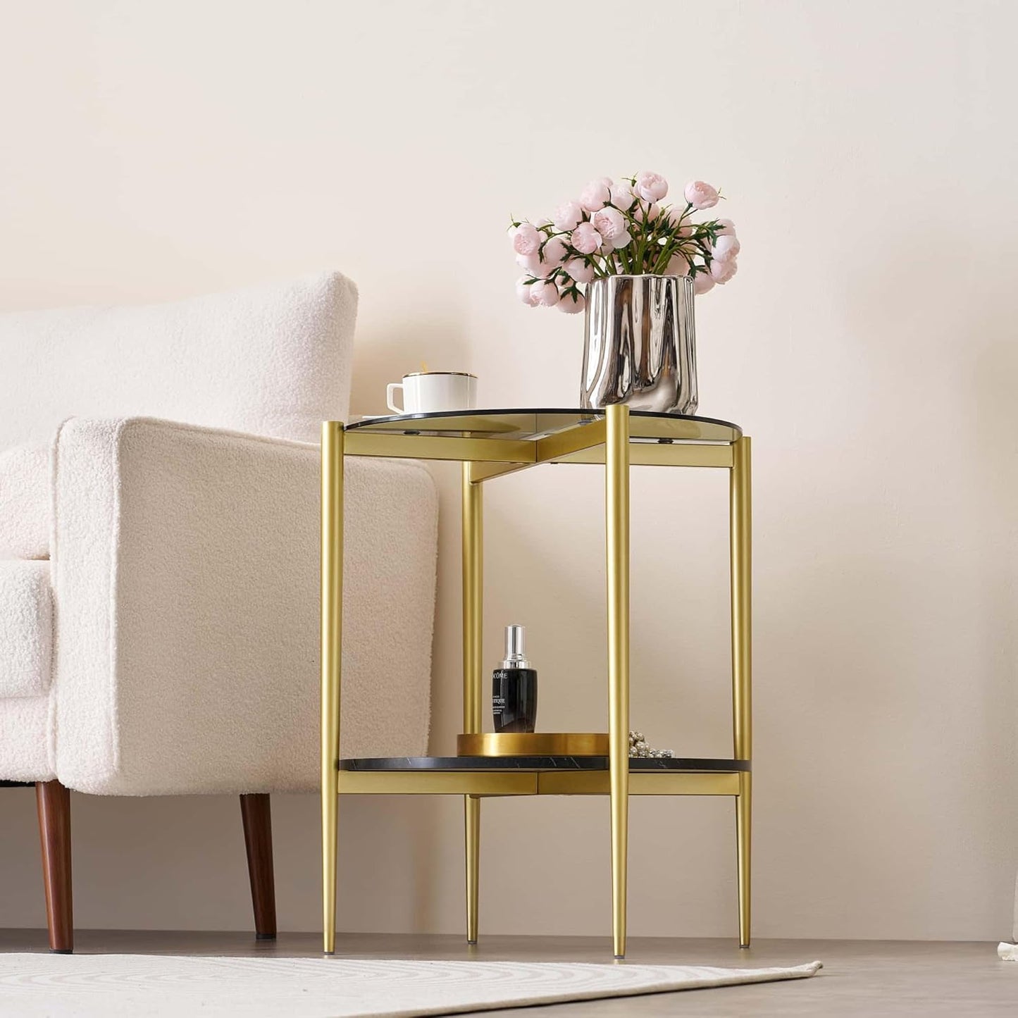 Round Glass End Table, Mid-Century Modern Design Sofa Table for Living Room, D18 x H23 in, 2-Tier Structure, Grey Glass Top and Black Marble Shelf, Sleek Conical Legs with Gold Finish Frame