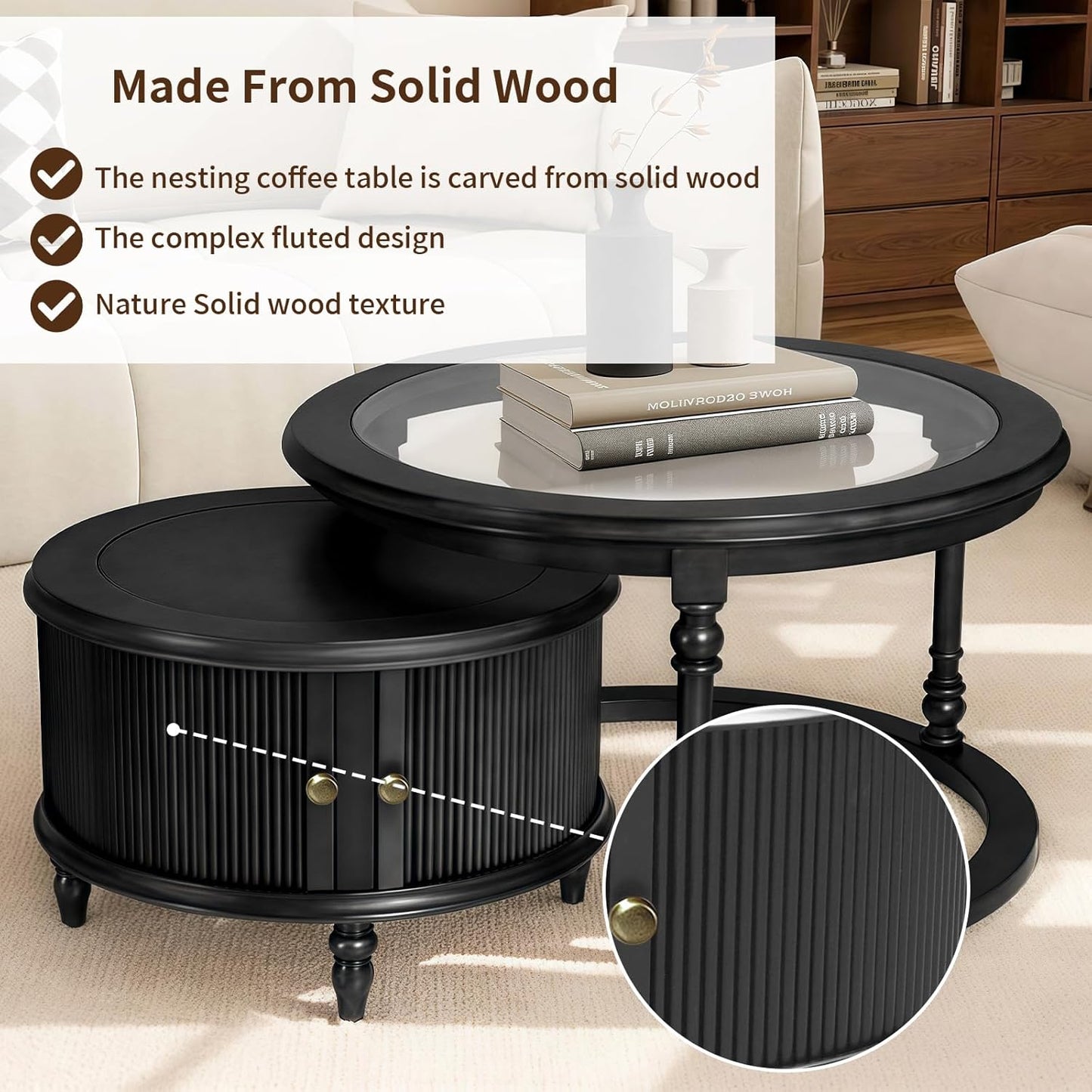 31.5'' Black Nesting Coffee Table Set of 2, Solid Wood Round Nesting Coffee Table Fluted with Storage for Living Room Office
