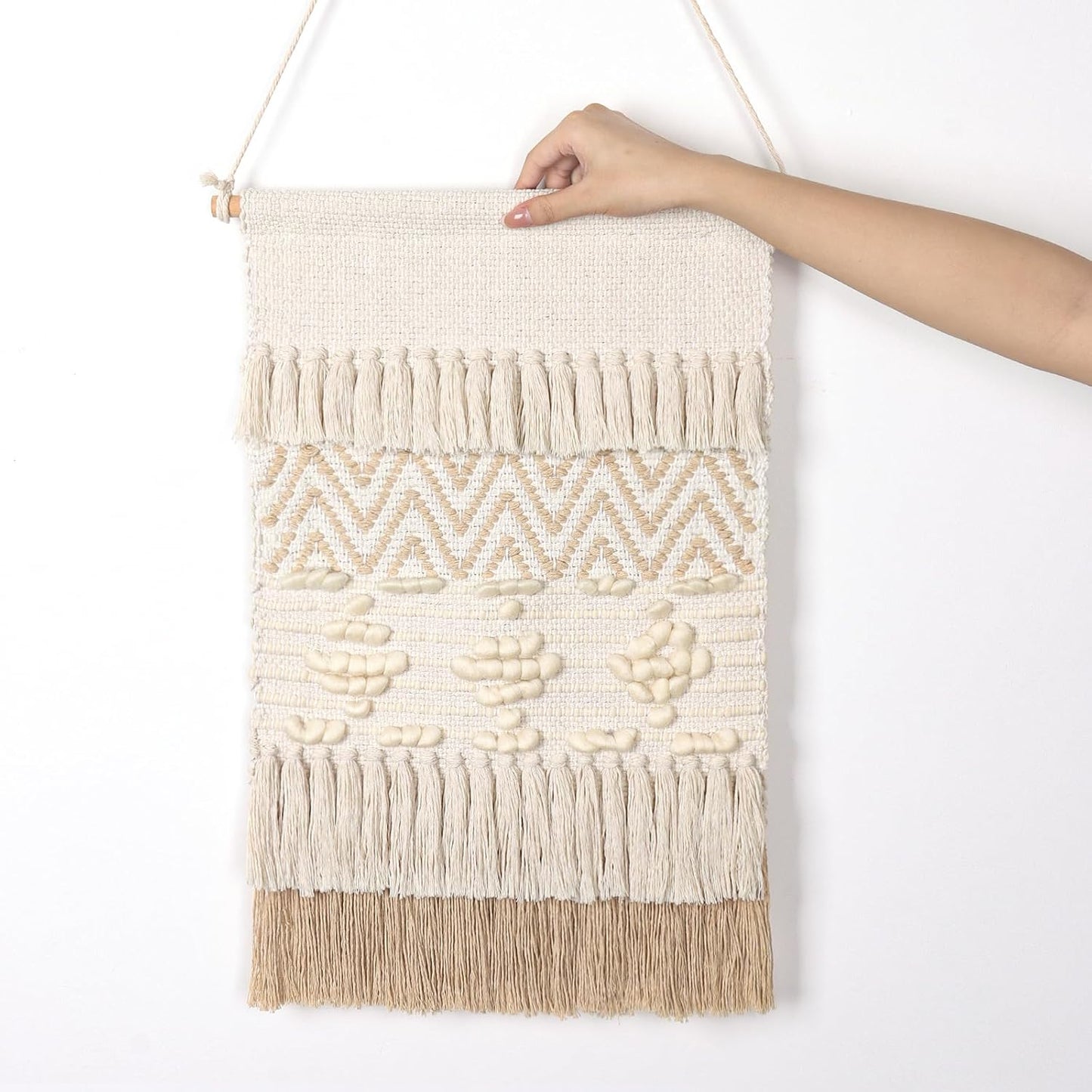 Dremisland Macrame Woven Wall Hanging Home Decor Bohemian Beige Geometric Wave Art Decor with Wool Ball and Tassle-Elegant Apartment Bedroom Dorm Room Door Decoration, 15.7" W x 22" L (Beige Wool Ball)