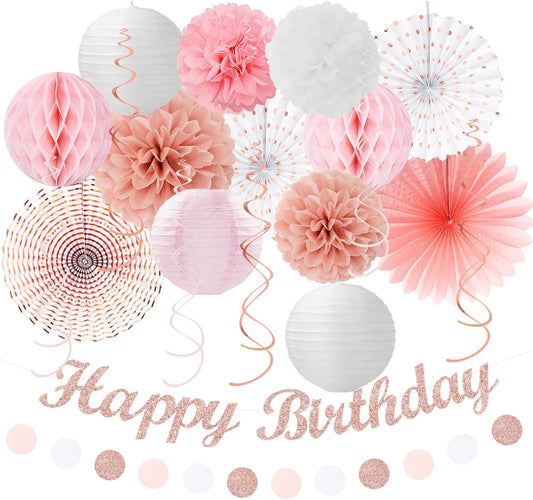Pink White Rose-Gold Birthday Party-Decorations - 21pcs Happy Banner, Paper Lanterns,Tissue Pom Poms Flower Fan,Honeycomb Ball,Swirl Streamers Garland Supplies Decor Girls Women Huglony