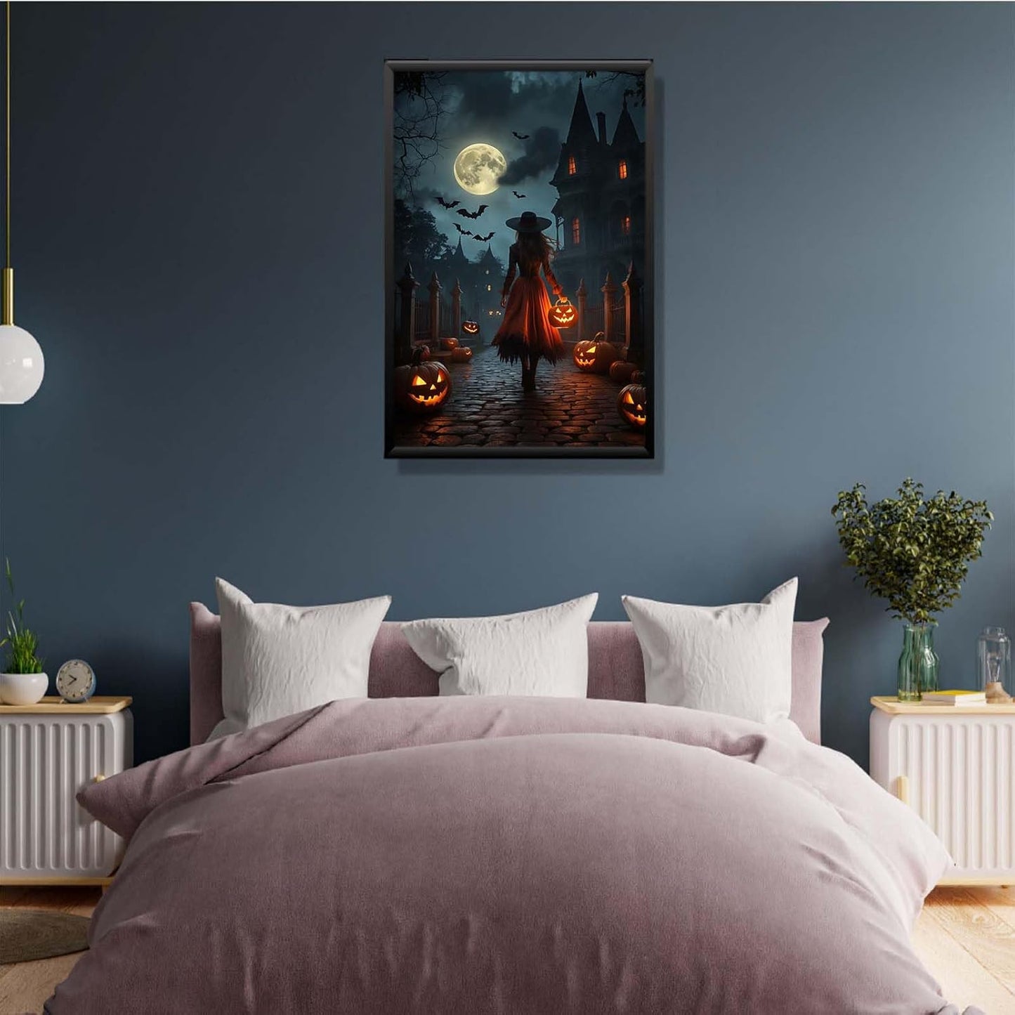 JFHCQJPK Halloween theme poster moonlit autumn night witch vintage poster art print dark college style gothic painting canvas wall decoration bedroom living room ideal gift20x30in Metal blackFramed