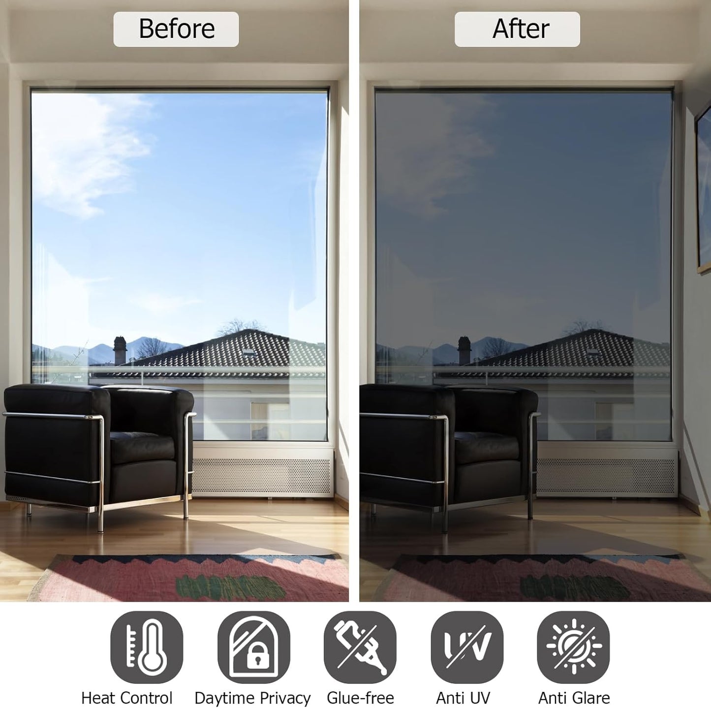 HIDBEA One Way Window Film, Daytime Privacy Sun Blocking Reflective Window Film No Glue Static Cling Heat Control Window Tinting Film for Home and Office, Black Silver, 41.3 x 157.5 Inch