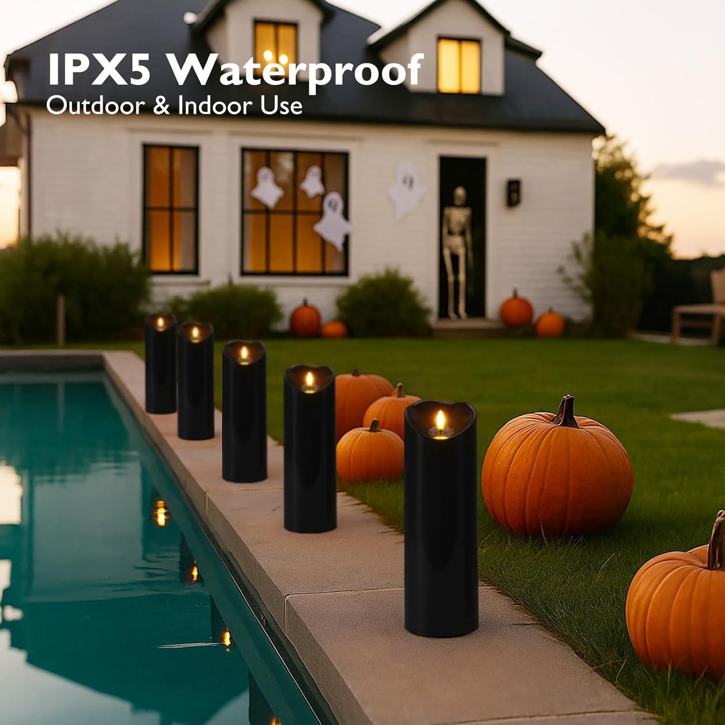 Homemory 4"x12" Black Flameless Candles, Halloween Candles, Outdoor Waterproof Flameless Candles with Remote and Timers, Gothic, Battery Operated LED Pillar Candles, Won't Melt Plastic, 2Pack