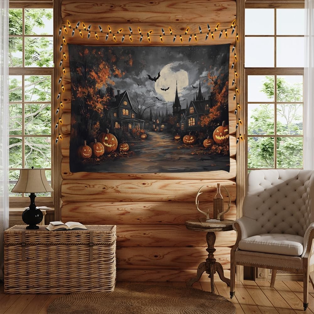 Spooky Halloween Tapestry Haunted Home Bats Pumpkin Tapestry Wall Hanging Dark Academia Fall Full Moon Decor Gothic Ghost Tapestries for bedroom Living Room Decoration 60x80inch