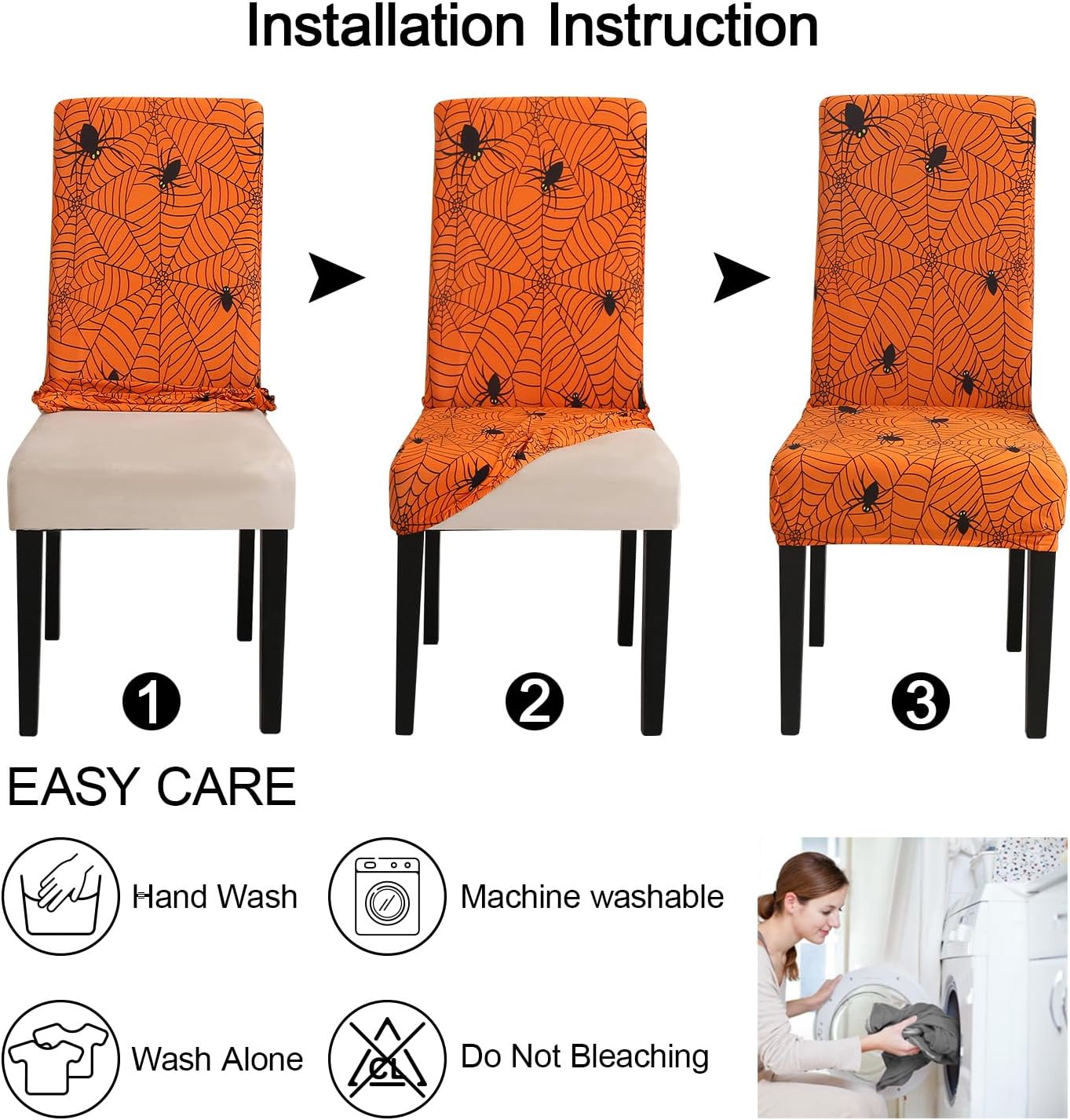 JQinHome Halloween Orange Dining Chair Slipcover, Spider Web Chair Covers Set of 6 ，High Stretch Washable Chair Protector Cover for Dining Room, Kitchen,Home Party,Wedding Ceremony(Orange, 6PC)