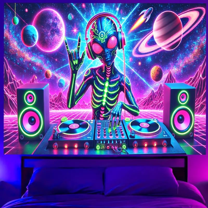 BlissYard Aliens Tapestry 78x59 Inch Blacklight DJ Aliens Tapestry Alien Tapestry for Men Guys Bedroom UV Reactive Alien Wall Tapestry Hanging Art Tapestry Room Decor Aesthetics Party Poster Banner