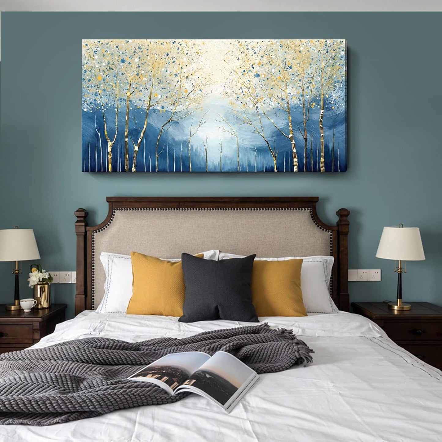 amatop Extra Large Wall Art for Living Room – Modern Forest Landscape Picture Abstract Nature Tree Scenery Canvas Art Prints Blue Wall Decor Oversized Horizontal Birch Artwork Bedroom Office 58x29 Inch