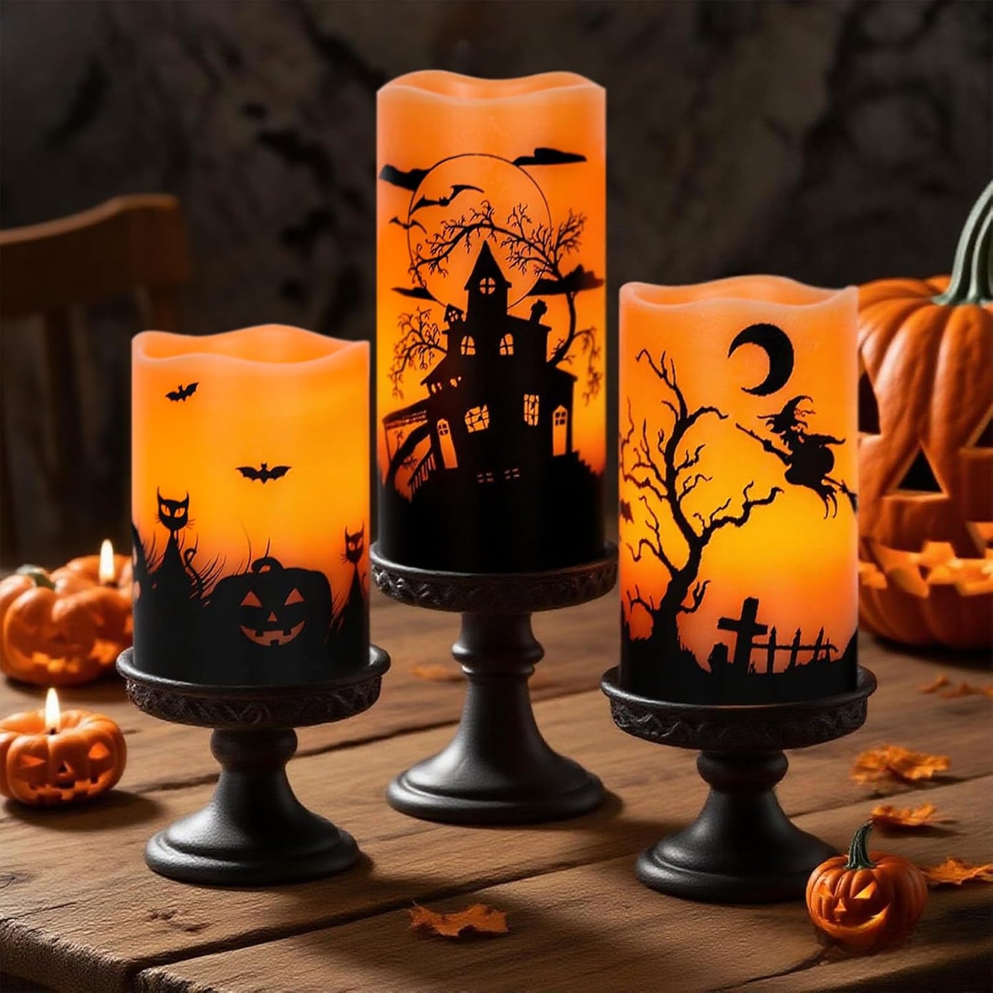 Wondise Halloween Rechargable Flickering Flameless Candles with 6H Timer, Battery Operated LED Real Wax Candles with Charging Base Set of 3 Halloween Home Decoration Gifts(3 x 4 5 6 Inch)