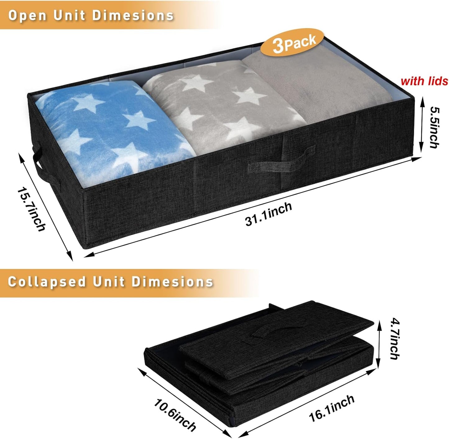 punemi Under The Bed Storage Containers 3 Pack, 6 Inch Tall Stackable Underbed Storage Bins With Handles, Closet Organizers and Storage Bins, Large Under Clothes Drawer Organizers Box For Crib, Black