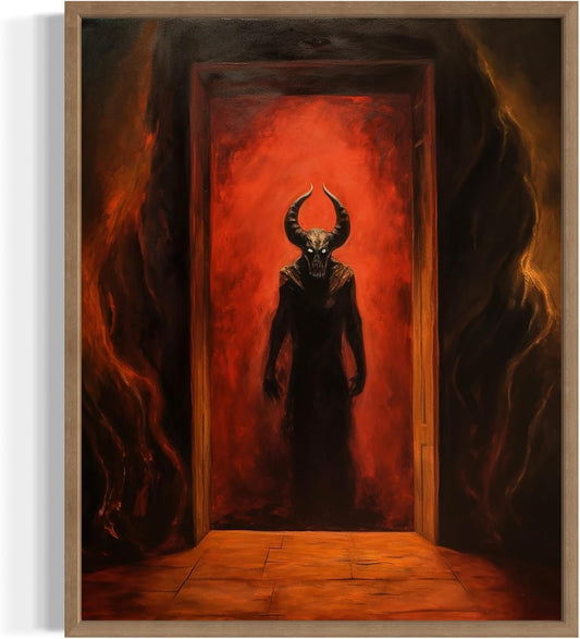 Satan and Hell Poster Art Print, Halloween Scary Vintage Wall Art Academia Spooky Painting Decoration for Horror Prints, Gothic Posters Bedroom Decor 89 (Satan and Hell, 11 x 14 inches, Wood Frame)