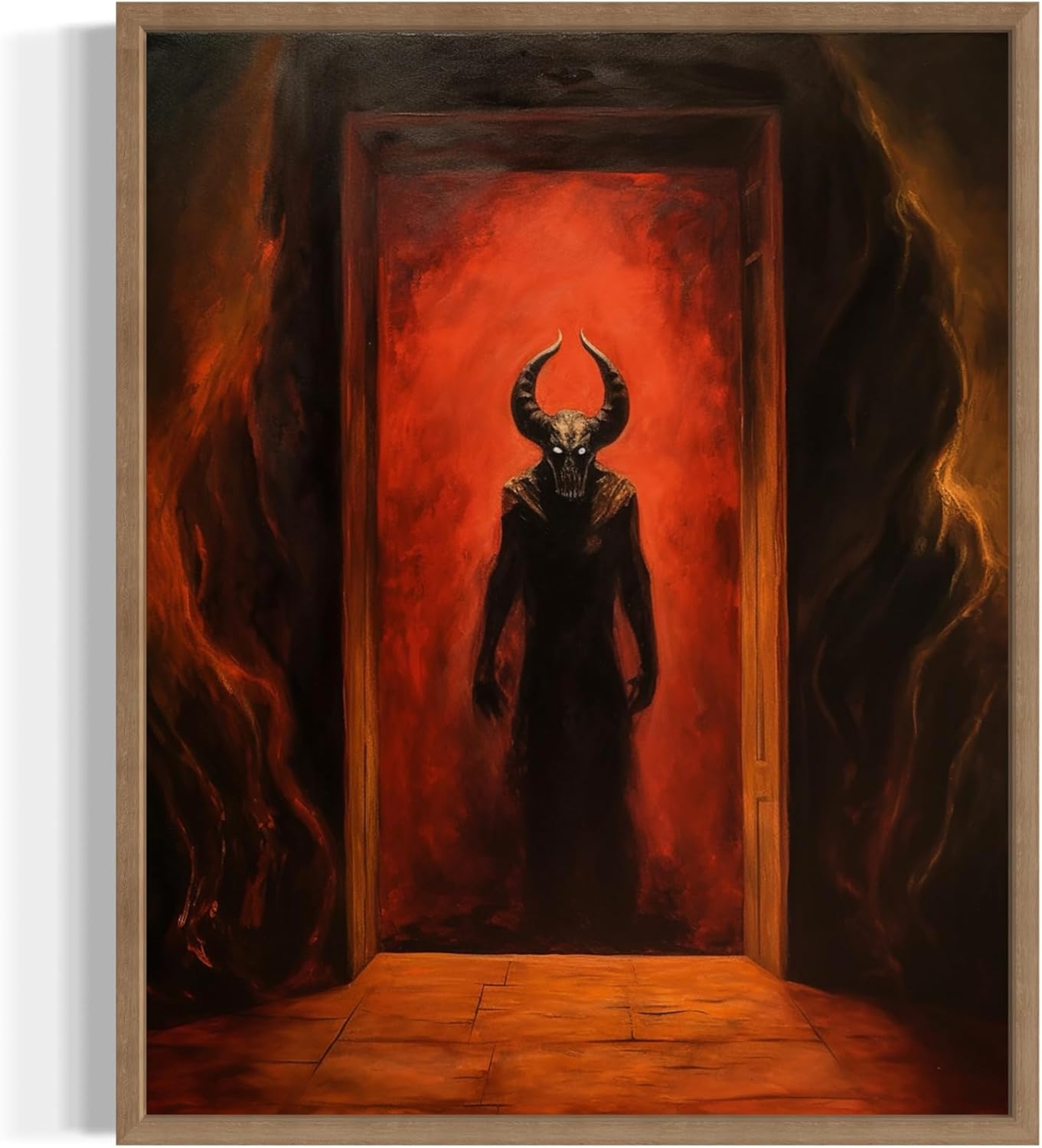 Satan and Hell Poster Art Print, Halloween Scary Vintage Wall Art Academia Spooky Painting Decoration for Horror Prints, Gothic Posters Bedroom Decor 89 (Satan and Hell, 8 x 10 inches, Wood Frame)