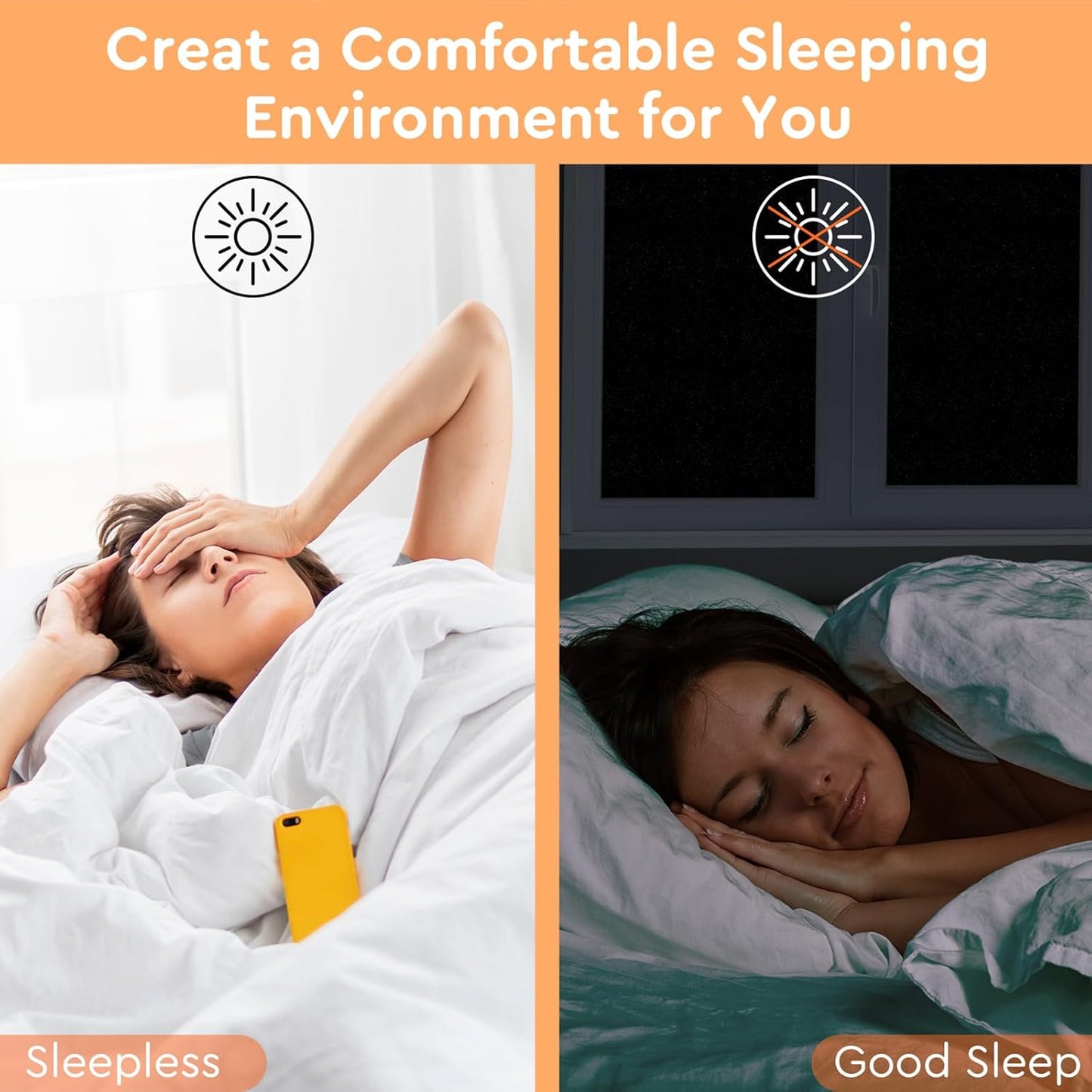 Kromapolis Blackout Window Privacy Film Total Light Blocking Room Darkening Window Covering, Removable Static Cling Frosted Glass Tint, Non-Adhesive, Black 23.6'' x 157.4''