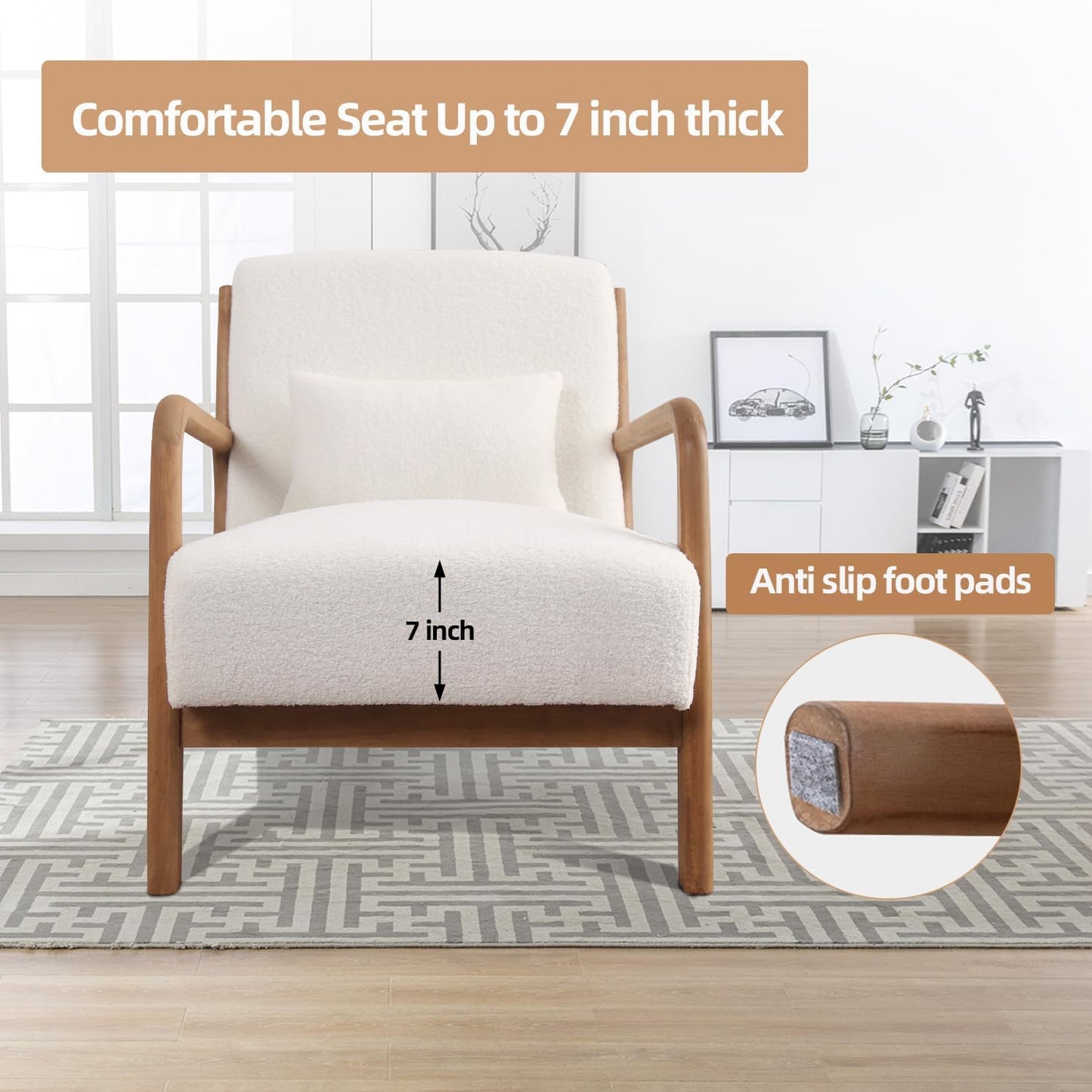 INZOY Mid Century Modern Accent Chair Set of 2, Lamb Wool Fabric Living Room Chairs with Waist Cushion, Upholstered Reading Armchair for Bedroom Sunroom