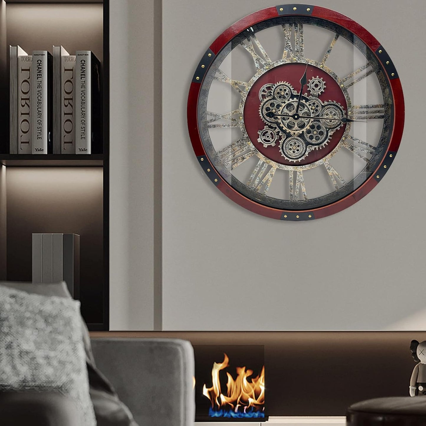 DORBOKER 30" Original Moving Gears Wall Clock, Large Industrial Wall Clock for Living Room Decor, Retro Wood Vintage Farmhouse Steampunk Rustic Clocks for Wall Decor,Red Walnut Wood