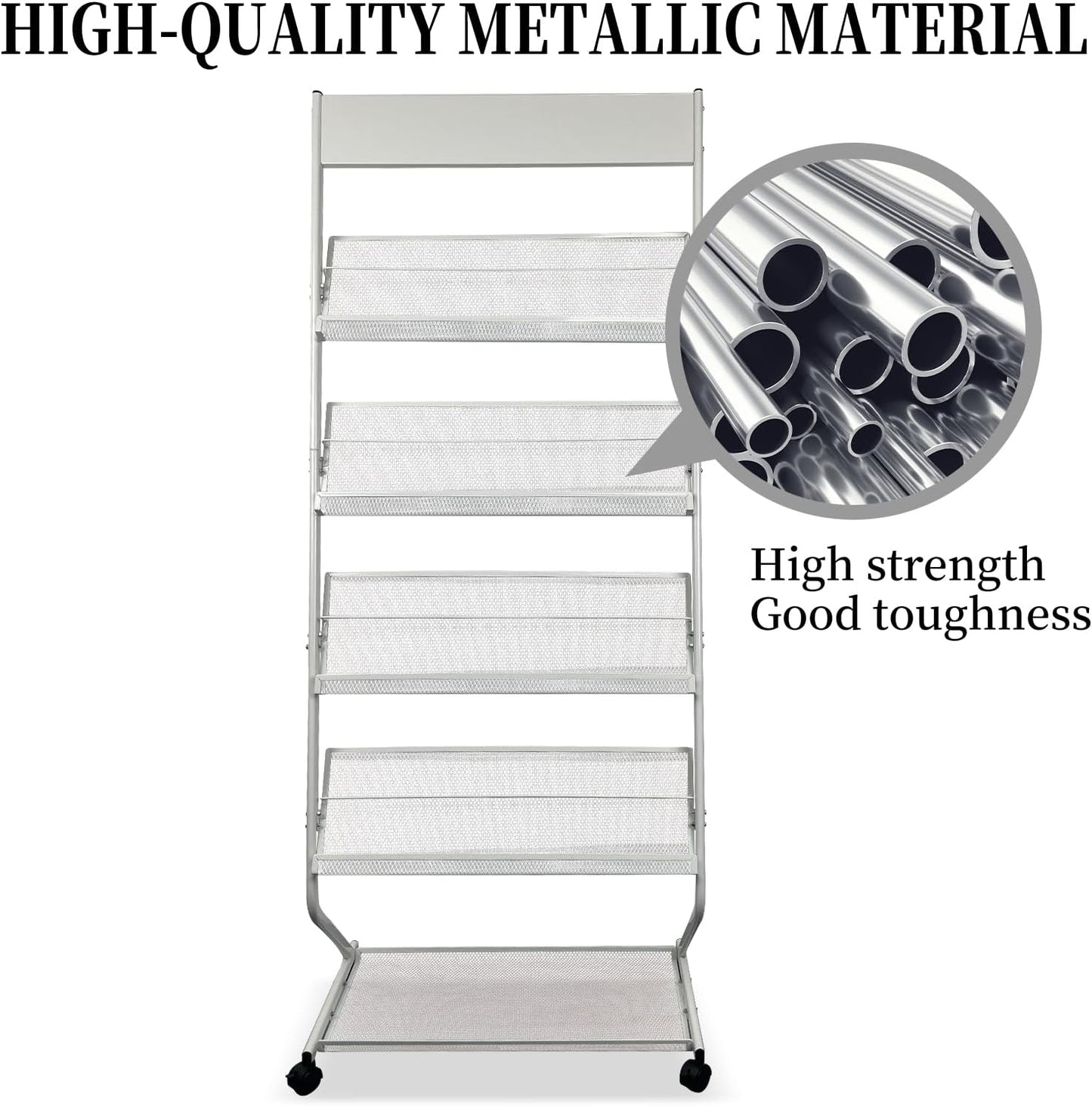 tongmo Floor-Standing Magazine Rack 4-Layer with Wheels, Brochure Display Stand, High-hardness metal for Exhibitions, Office, and Any Organization Requiring Information Display (White)
