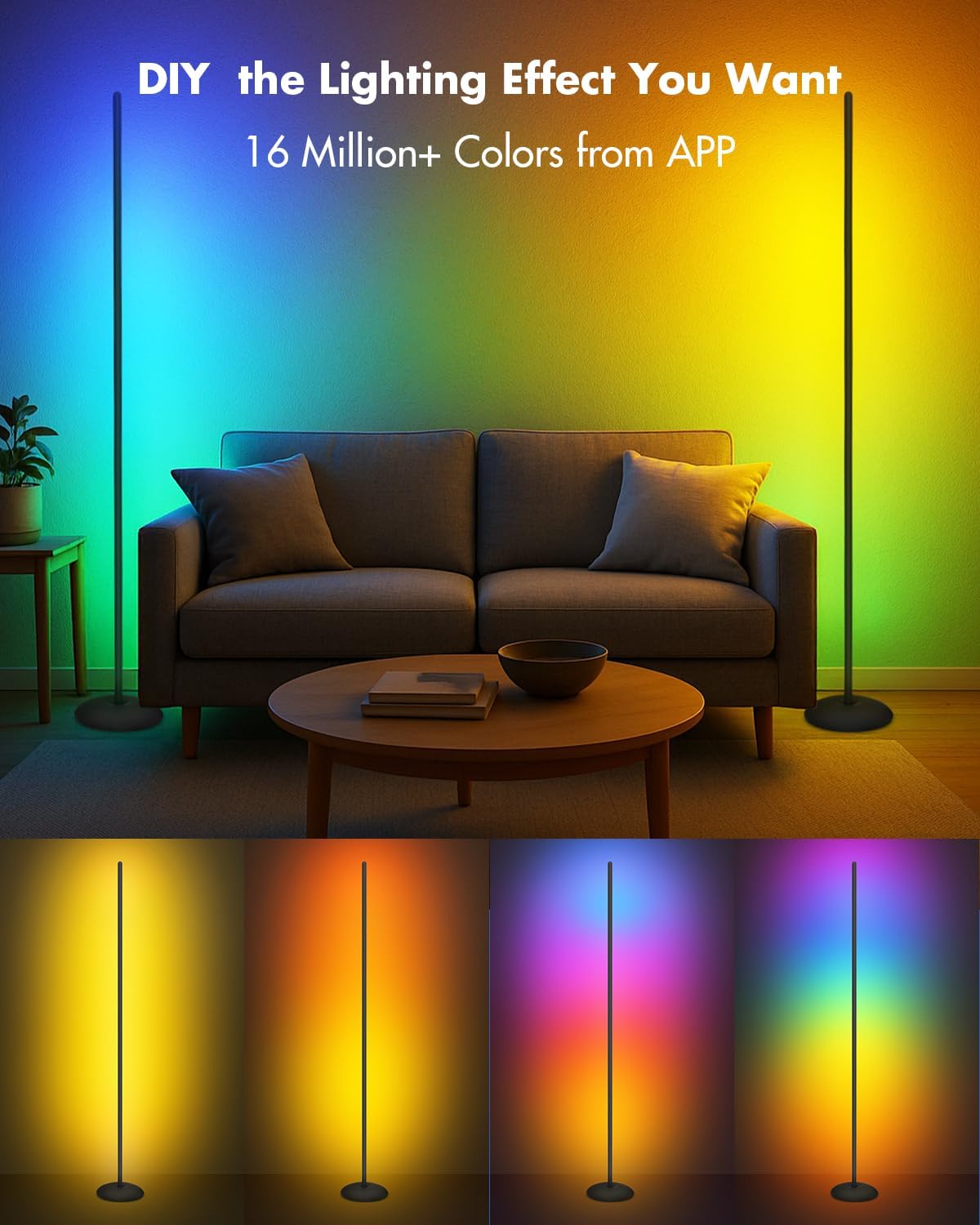 Corner Floor Lamp, Smart RGB LED Corner Lamp with App & Remote, Modern Floor Lamp with 16 Million Colors, Music Sync, Scene Modes, Color Changing Standing Lamps for Living Room, Bedroom
