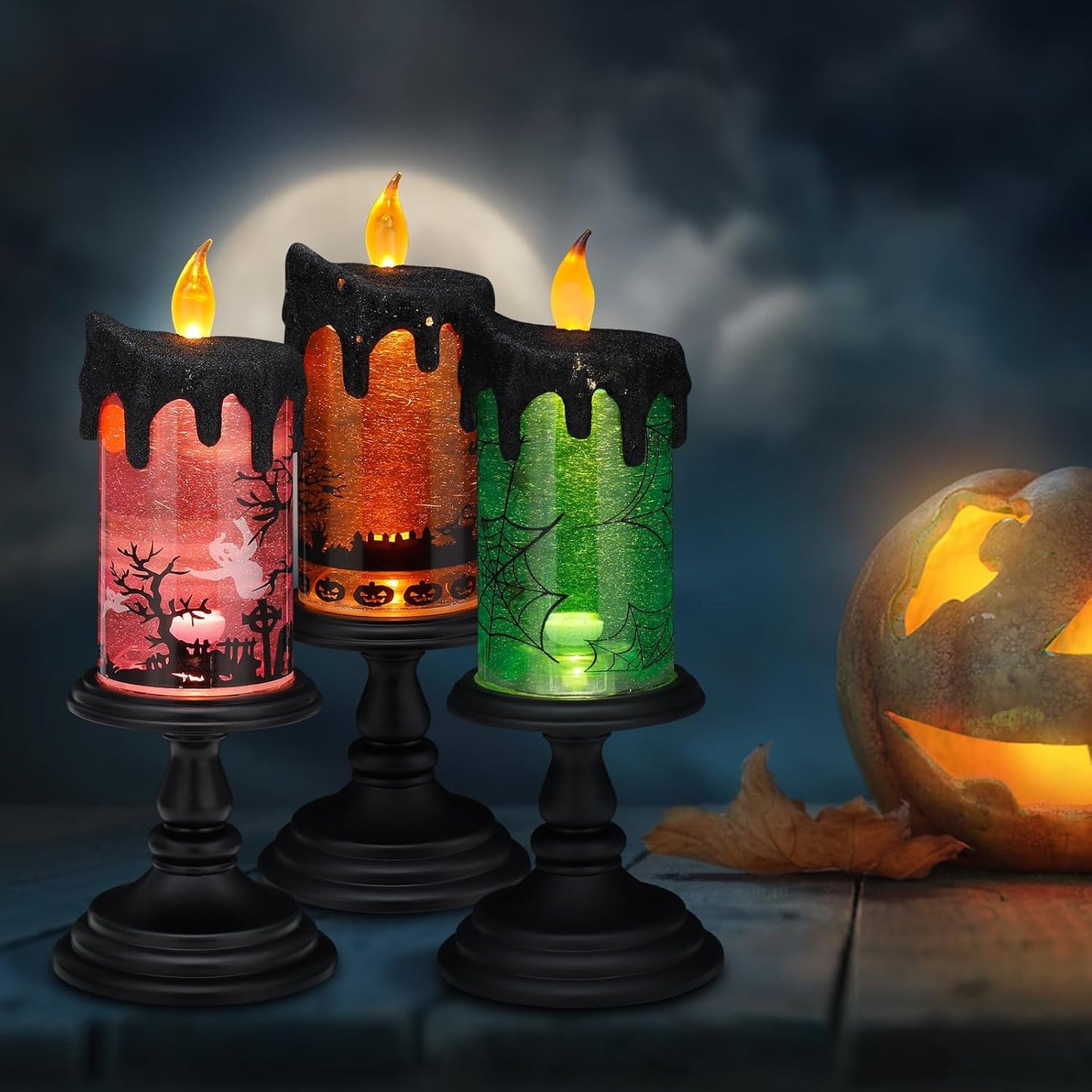 Halloween Snow Globe Candles Lighted Lamp, Lighted Flameless Candles with Water Glitter Swirls and Spooky Moving,Battery Operated