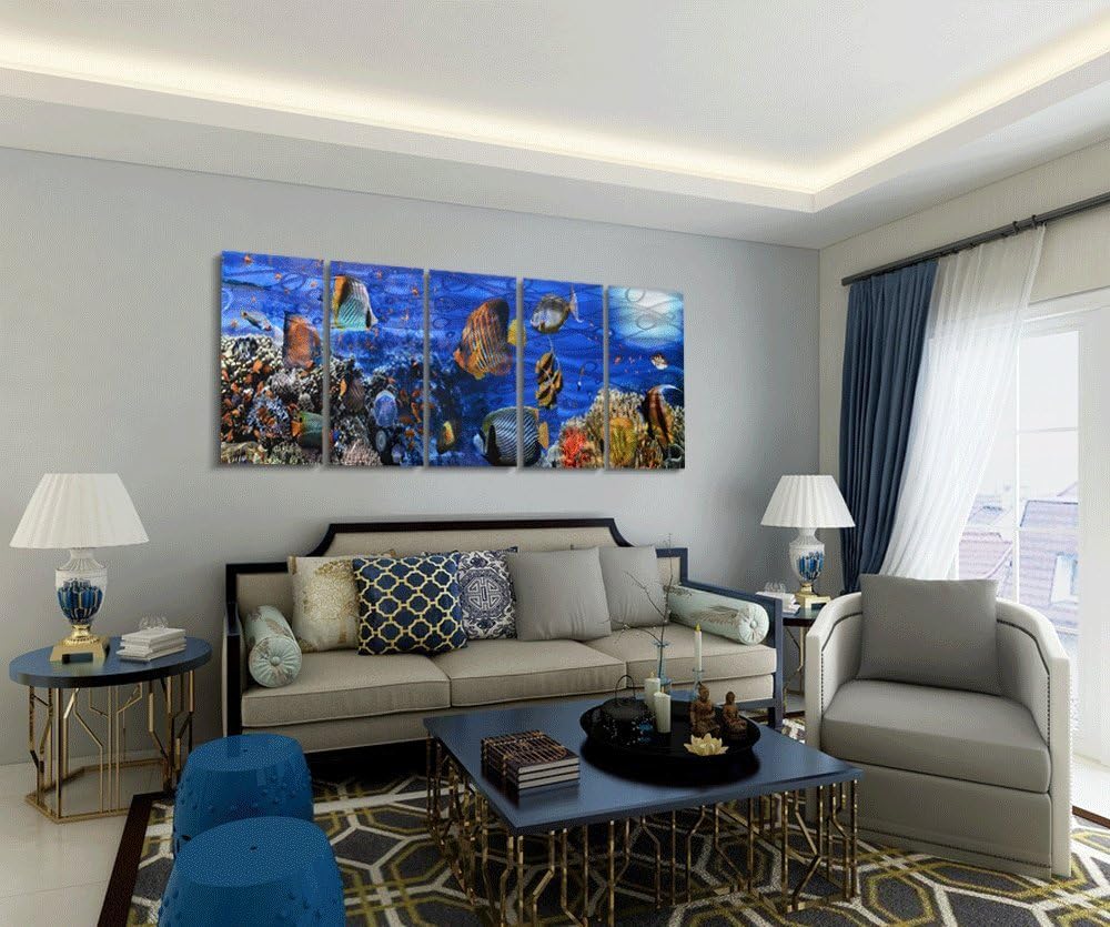 Yihui Arts Handcrafted Colorful Fish Metal Wall Art, Large Metal Wall Art in Modern Ocean Design, 3D Wall Art for Modern and Contemporary Decor, 5-Panels, Metal Wall Decor Works