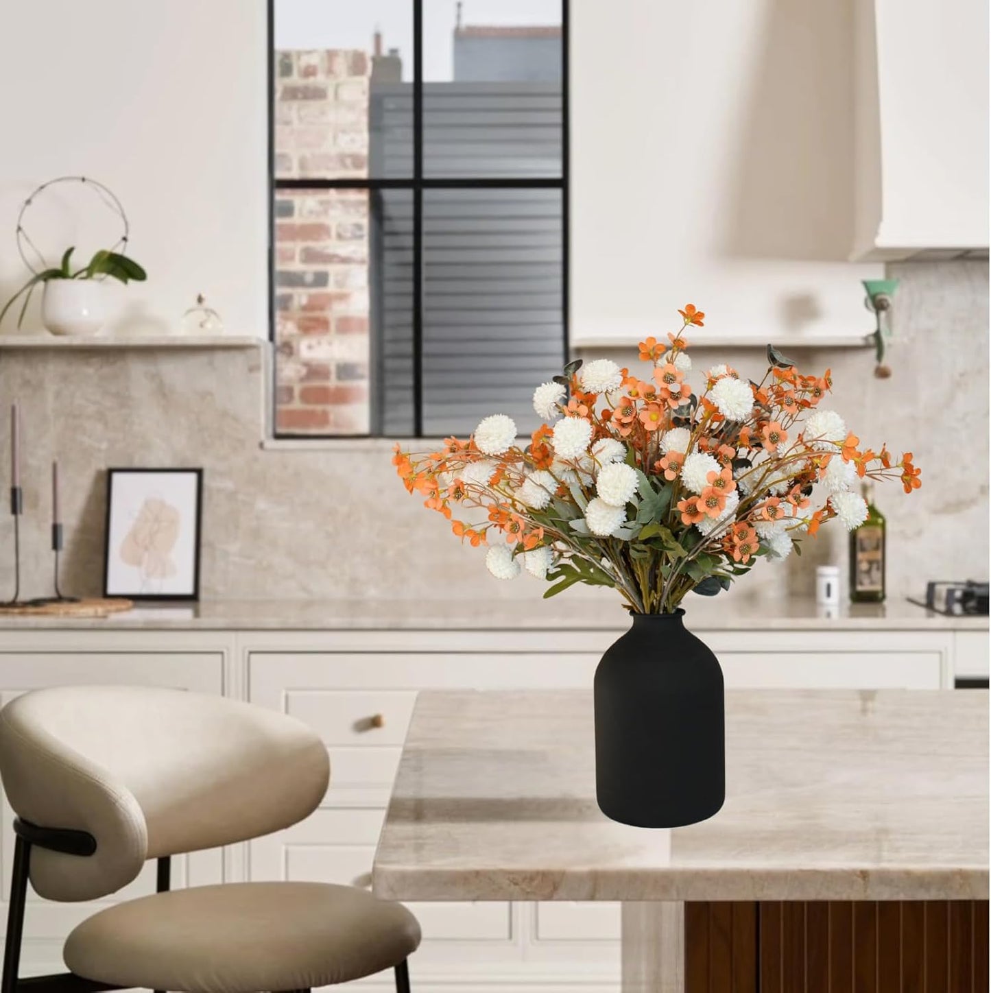 RyddeligHome Artificial White Kiku & Orange Wax Flowers, Bulk Silk Flowers with Long Stems for Vases, Spring Floral Stems Arrangements for Home Decor, Centerpieces for Tables, Rustic Decorations