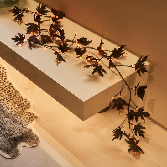 Birchlitland Halloween Black Maple Garland with Lights Timer 48 LED Orange and Warm White Fairy Lights, Battery Operated for Indoor and Outdoor Halloween Party Decoration