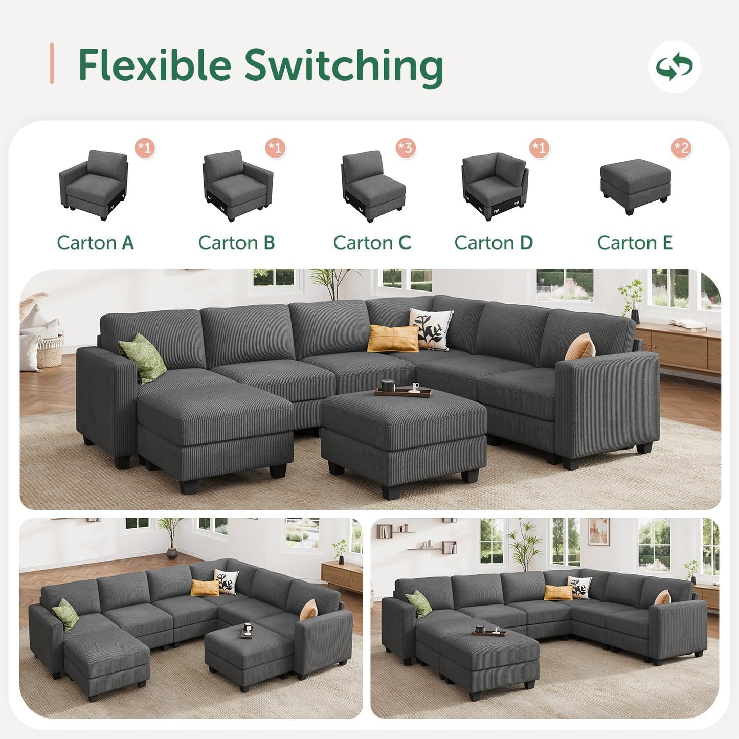 HONBAY Corduroy Sectional Couch with Storage U Shaped Sectional Sofa Modular Sectional Couches for Living Room, Dark Gray