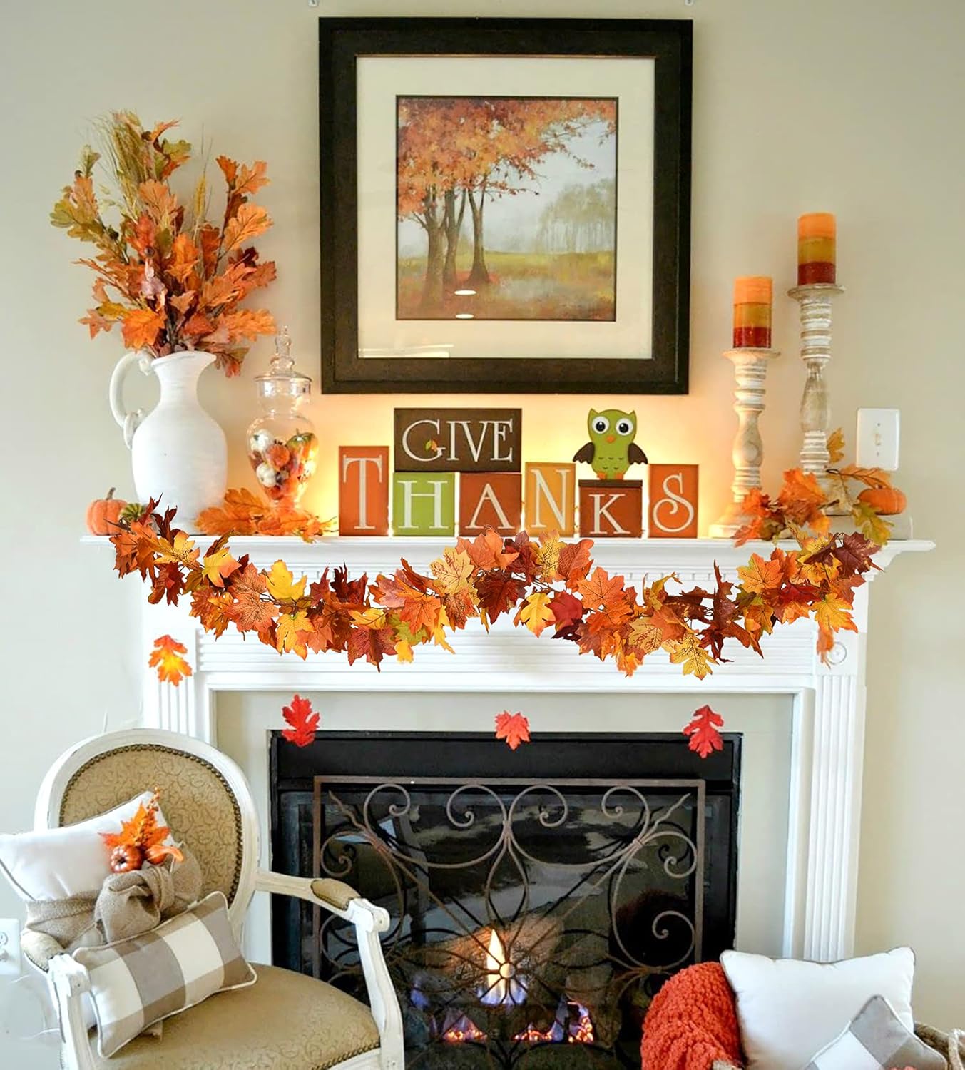 DearHouse 2 Pack Fall Maple Leaf Hanging Vine Garland Artificial Autumn Foliage Thanksgiving Decor for Home Wedding Fireplace Party Christmas (Light Yellow)