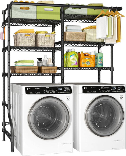 Ulif U13 Medium Over Washer and Dryer Storage Shelves, 6 Tiers Laundry Room Standing Shelf with 2 Hanger Rods, Space Saver Clothes Drying Rack, 57.8" W x 22" D x 77.4" H, Black