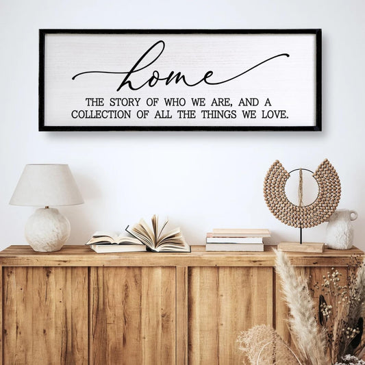 Home is the Story of Who We Are & a Collection of all the Things we Love Sign Framed Wall Art, 40''×15'' Rustic Horizontal Family Quote Wood Sign, Farmhouse Long Home Plaque Wall Decor