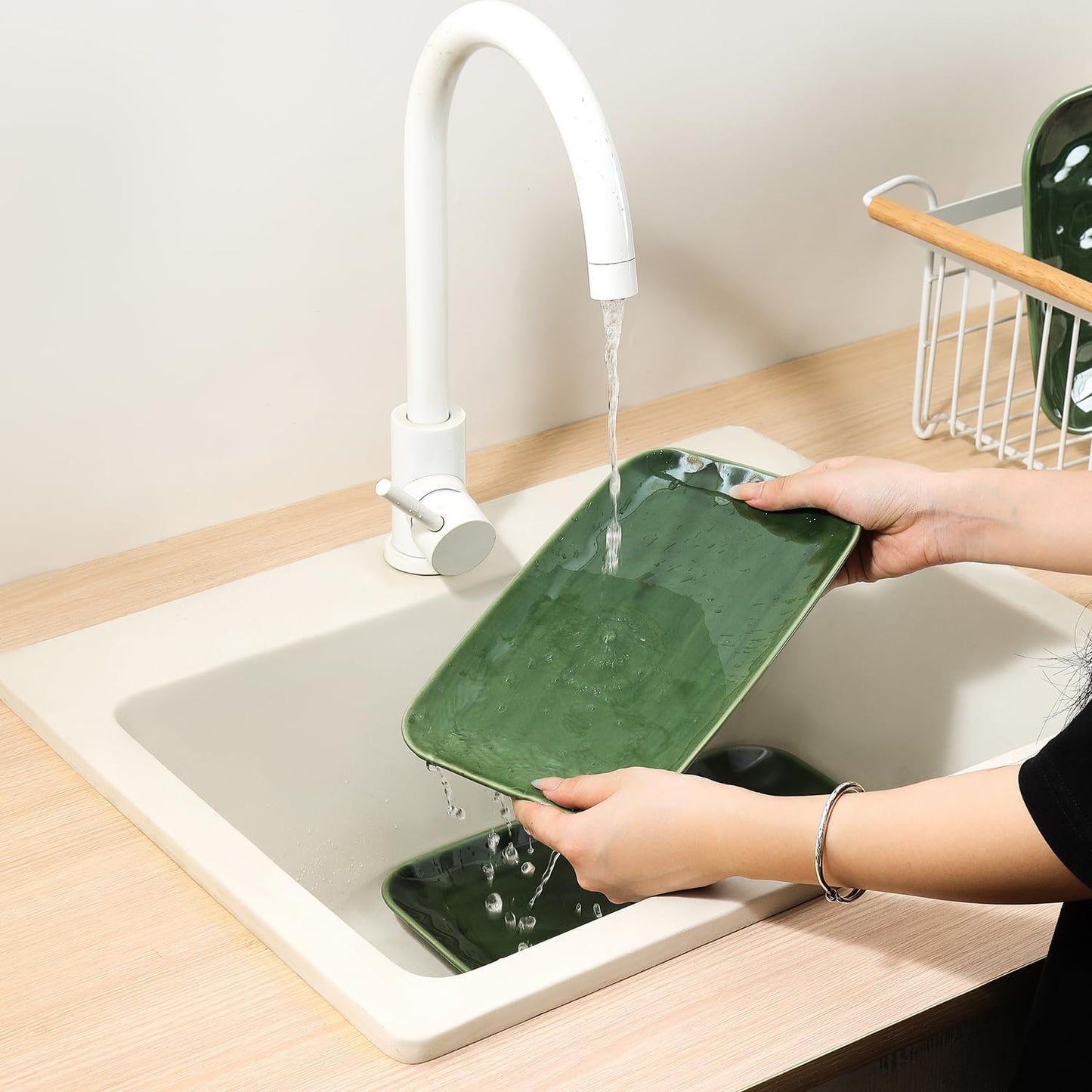 vicrays Ceramic Rectangle Serving Platters - 14" 12" 10" Porcelain Serving Trays Plates for Party BBQ Appetizers Sushi Dessert - Microwave Oven and Dishwasher Safe - Set of 3 Green