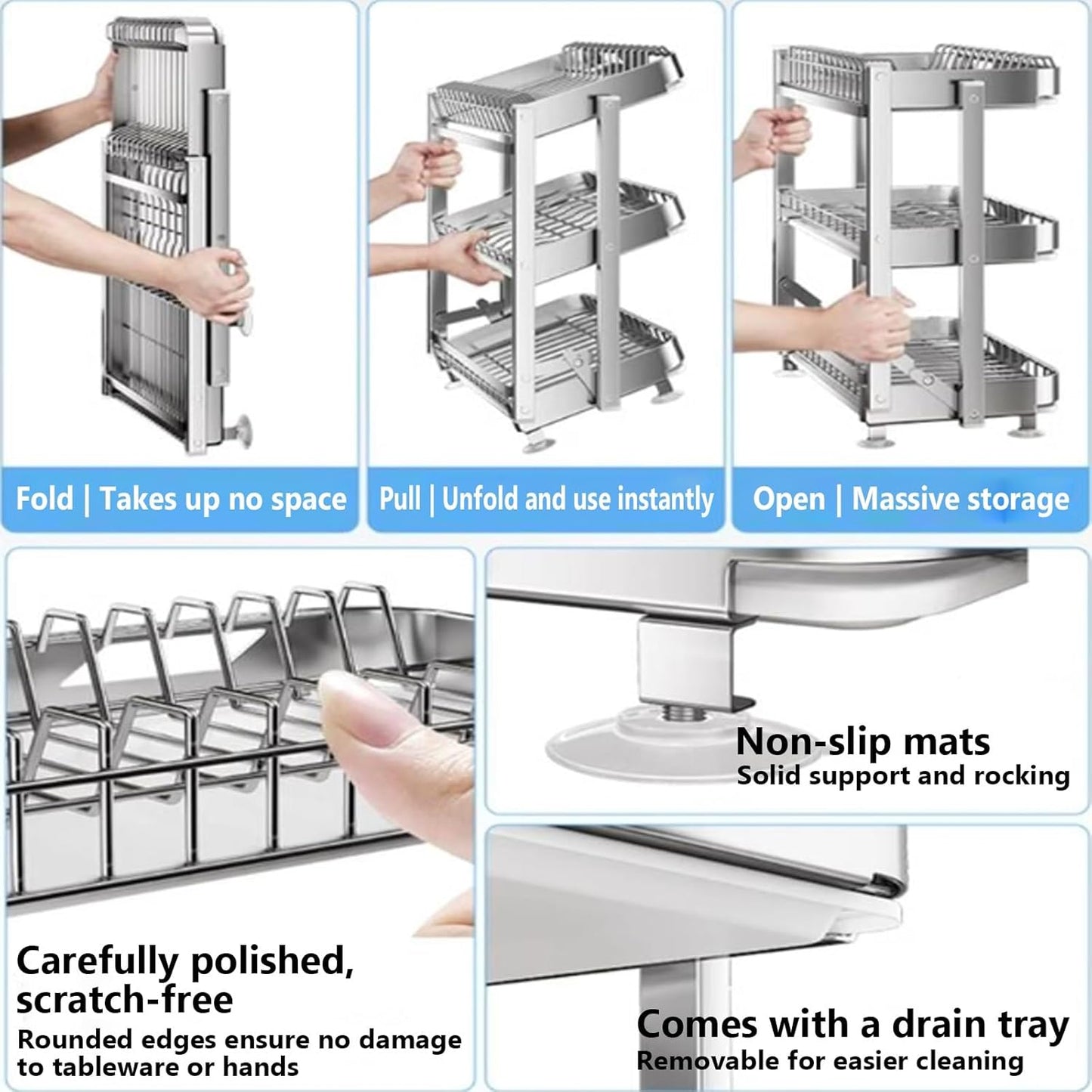 Dish Drying Rack with Drain Board - Rustproof Stainless Steel Dish Rack with Utensil Holder,Dish Racks for Kitchen Counter Over Sink,Over-Sink Drying Rack(Countertop,Second Floor)