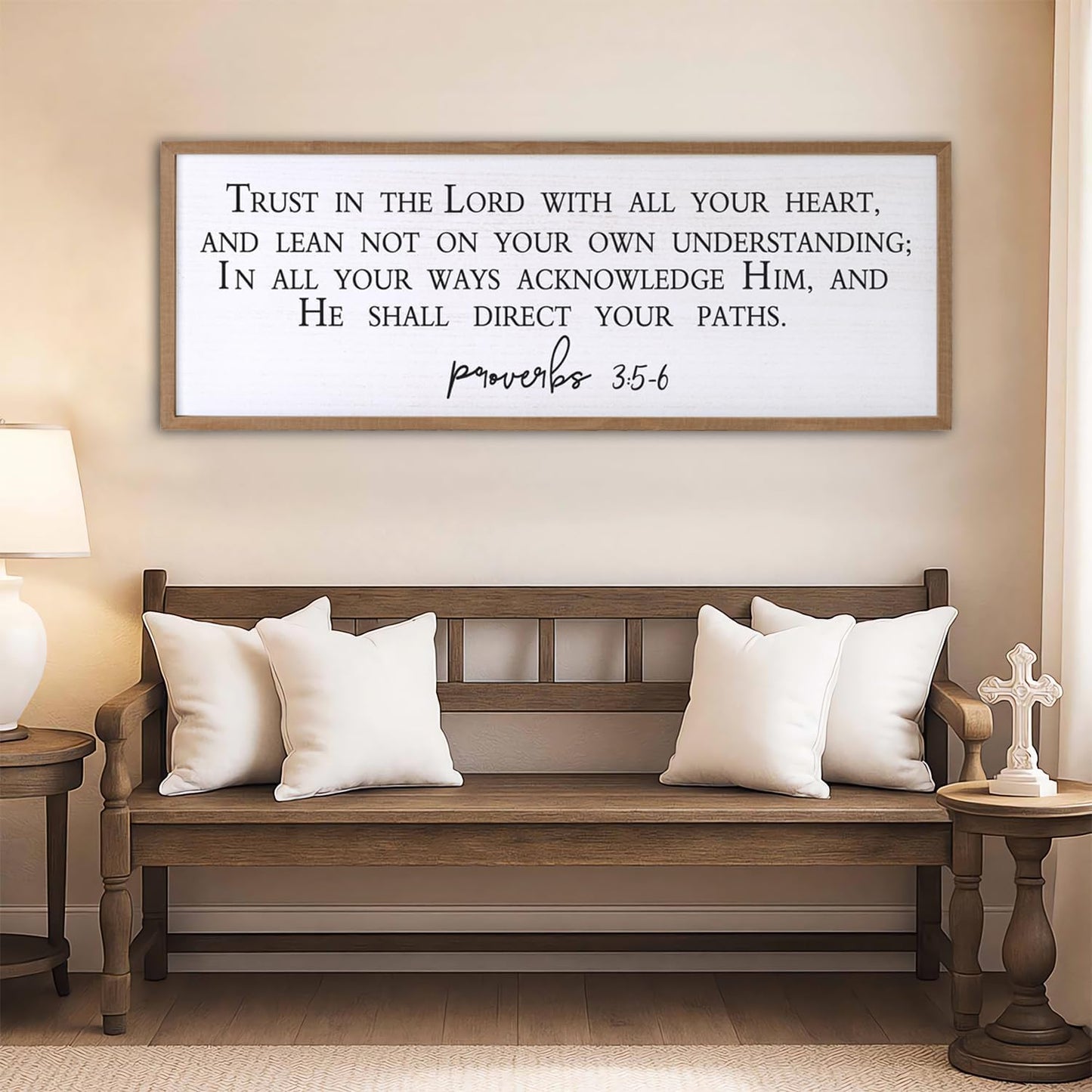 Trust in the Lord With All Thine Heart Wall Decor Art Bible Verse Sign Proverbs 3:5-6 Framed Wood 32X12 Inch For Scripture Christian Hanging (Wood)