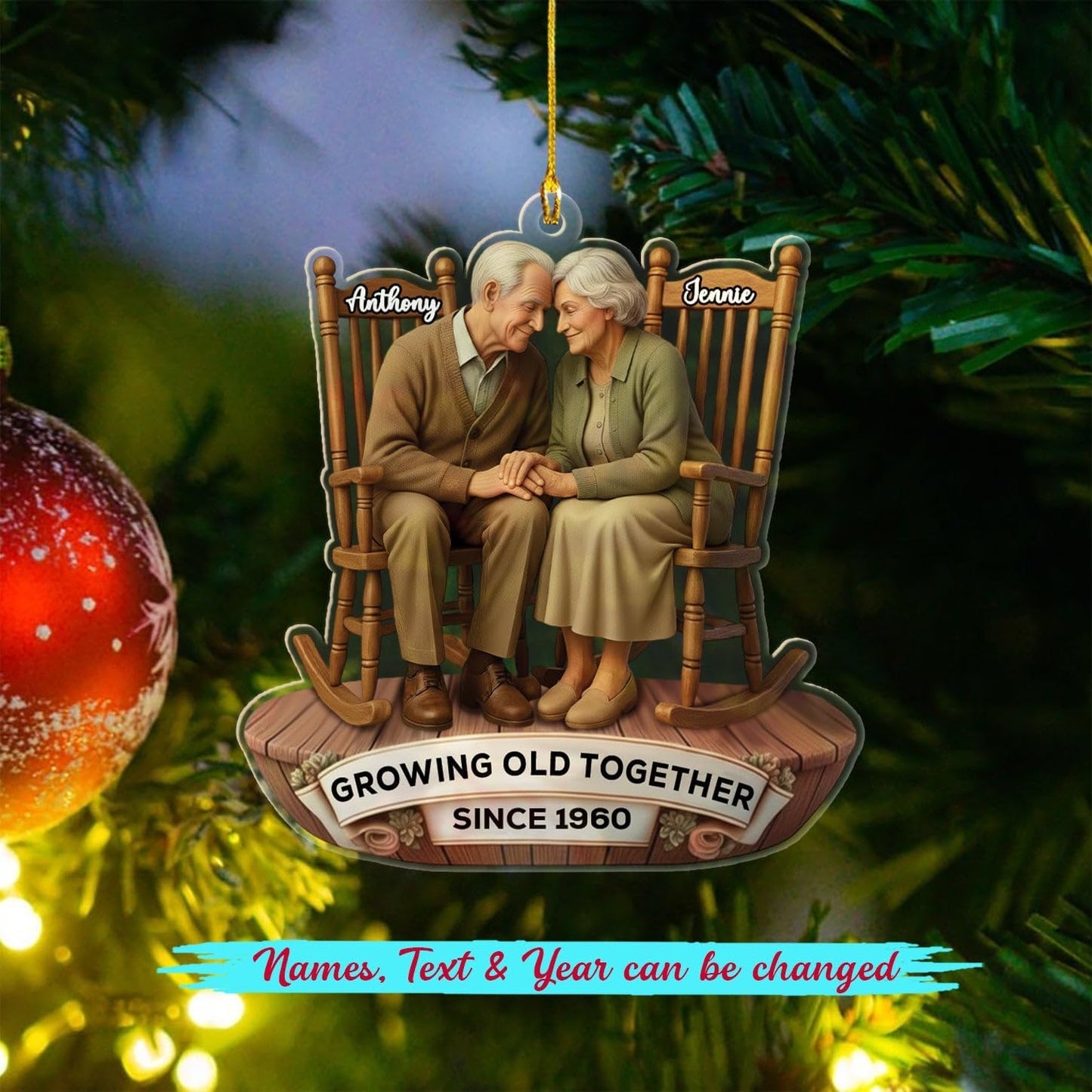 Old Couple Sitting On Rocking Chairs Growing Old Together Christmas Ornament 2025, Personalized Anniversary Shaped Ornament for Mr Mrs Husband Wife Dad Mom Grandpa Grandma, Custom Text Name Ornaments