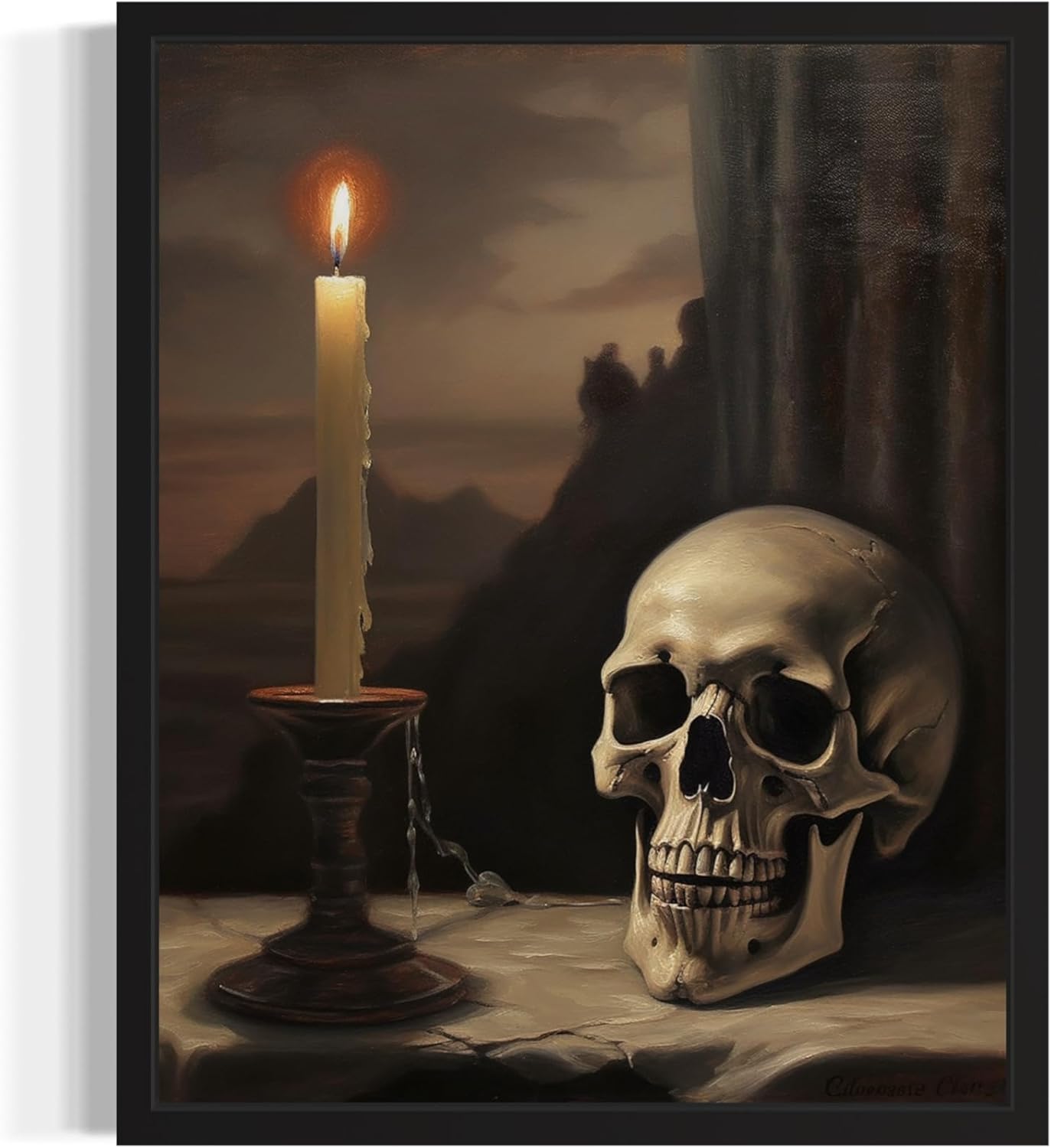 Skull and Candle Poster Art Print, Halloween Scary Vintage Wall Art Academia Spooky Painting Decoration for Horror Prints, Gothic Posters Bedroom Decor 89 (Skull and Candle, 8 x 10 inches, Black Frame)