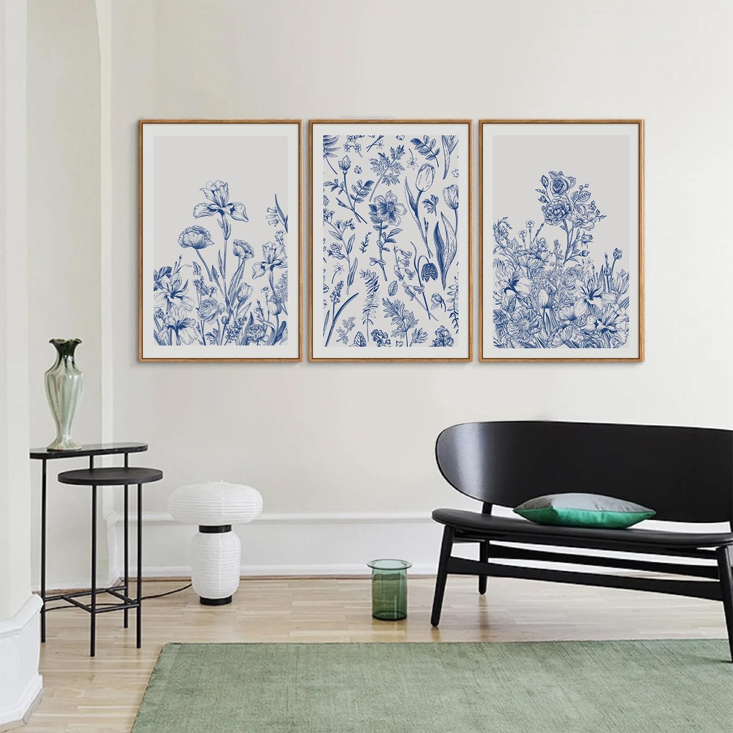 SIGNINART Classic Chinoiserie Framed Canvas Wall Art Set, Blue and White Floral Art Painting, Minimalist Botanical Flower Artwork, Navy Blue Wall Decor for Bedroom, Living Room, Office 16"x24"x3