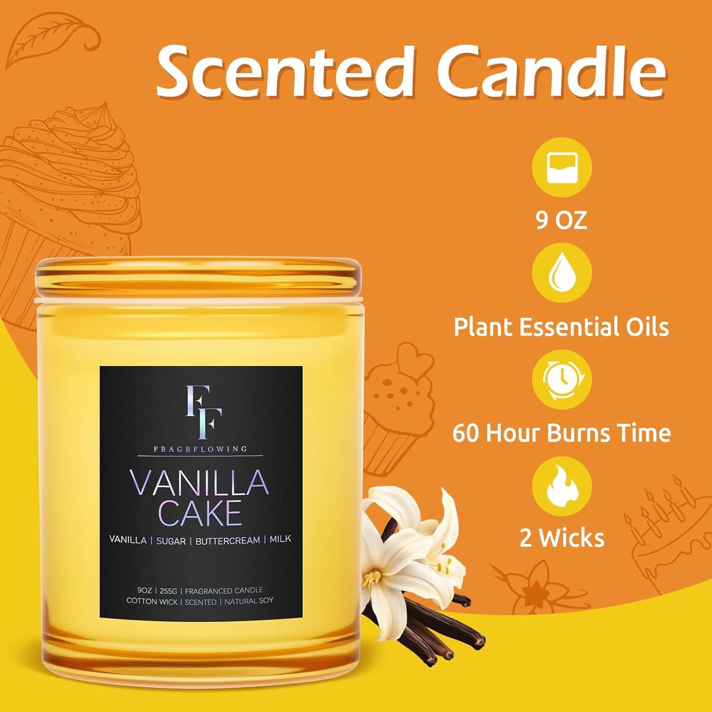 Vanilla Cake Scented Candle, 2-Wick Luxury Soy Wax Candle, 9 oz Aromatherapy Candle Home Fragrance Candles Gift