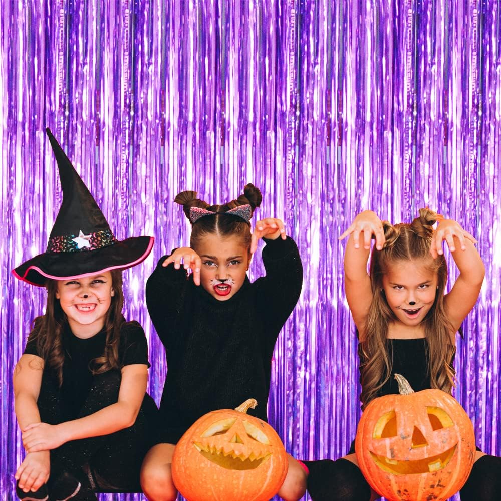 GOER 3.2 ft x 8.2 ft Metallic Tinsel Foil Fringe Curtains Party Photo Backdrop Party Streamers for Halloween Birthday,Graduation,New Year Eve Decorations (3 Packs,Purple)