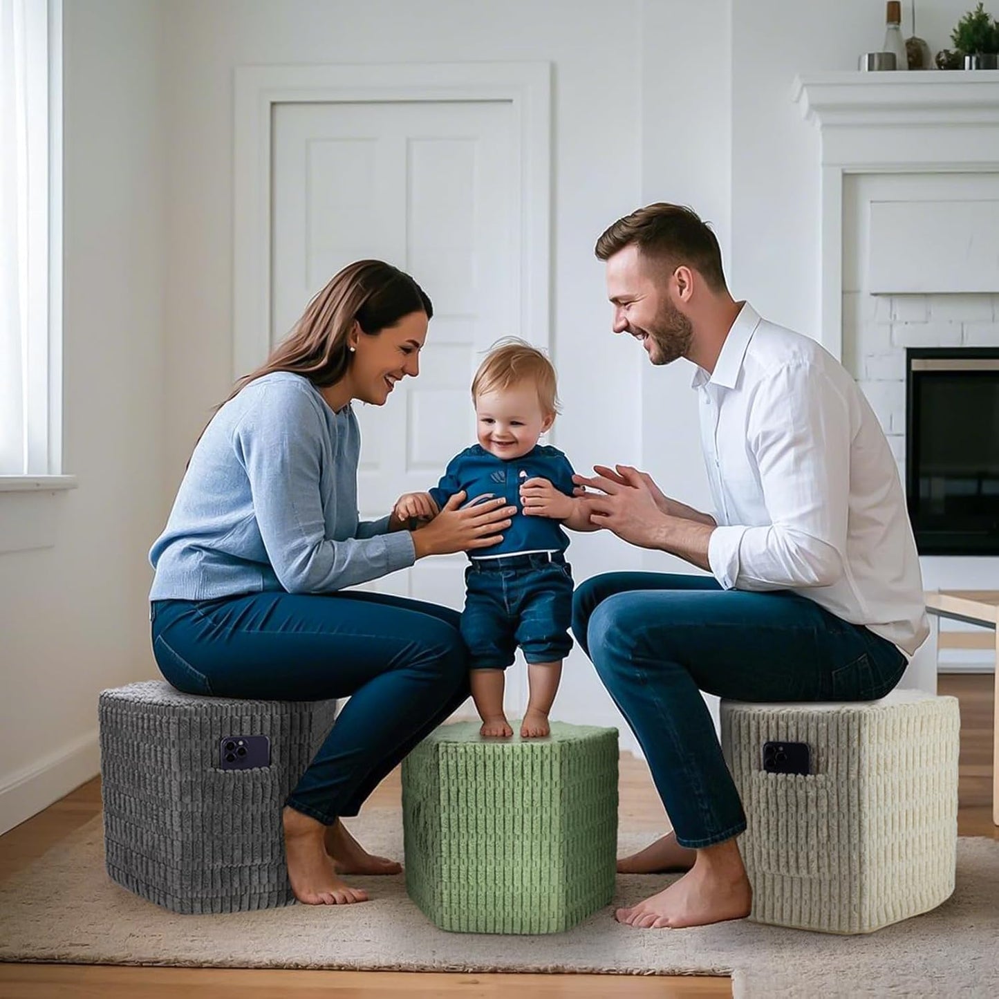 Hexagon Pouf Ottoman Stuffed with 2 Pockets & Handle, Comfort Corduroy Poufs, Non-Slip Foot Stool Storage Ottoman, Foam Floor Poufs Foot Rest for Couch, Bedroom (Green)