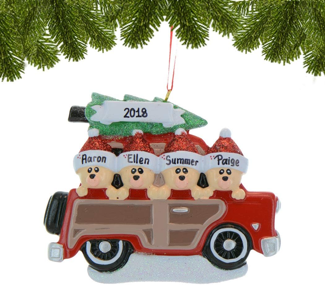 3D Road Trip Bears Family of 4 Ornament 2025 Personalized Family Christmas Ornaments 2025 | Snowy Tree Red Truck Personalized Tree Ornaments for Grandchildren, Siblings & Grandkids of Four Ornament